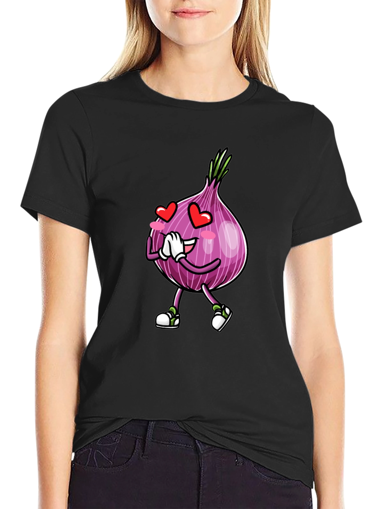 Black Cartoon Onion Love Black T-Shirt view 2