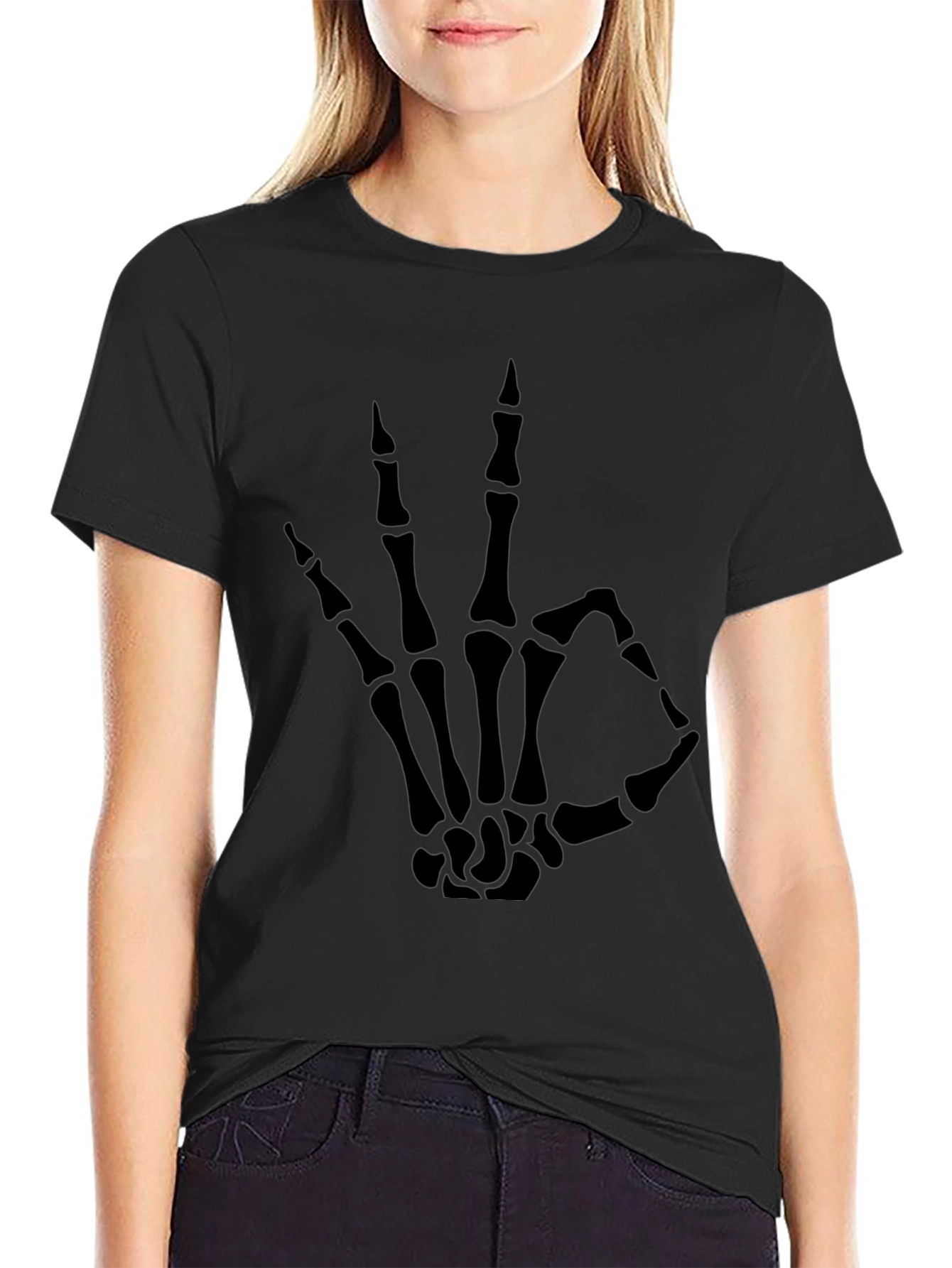 Black Skeleton Hand OK Sign Graphic Tee - Black view 2