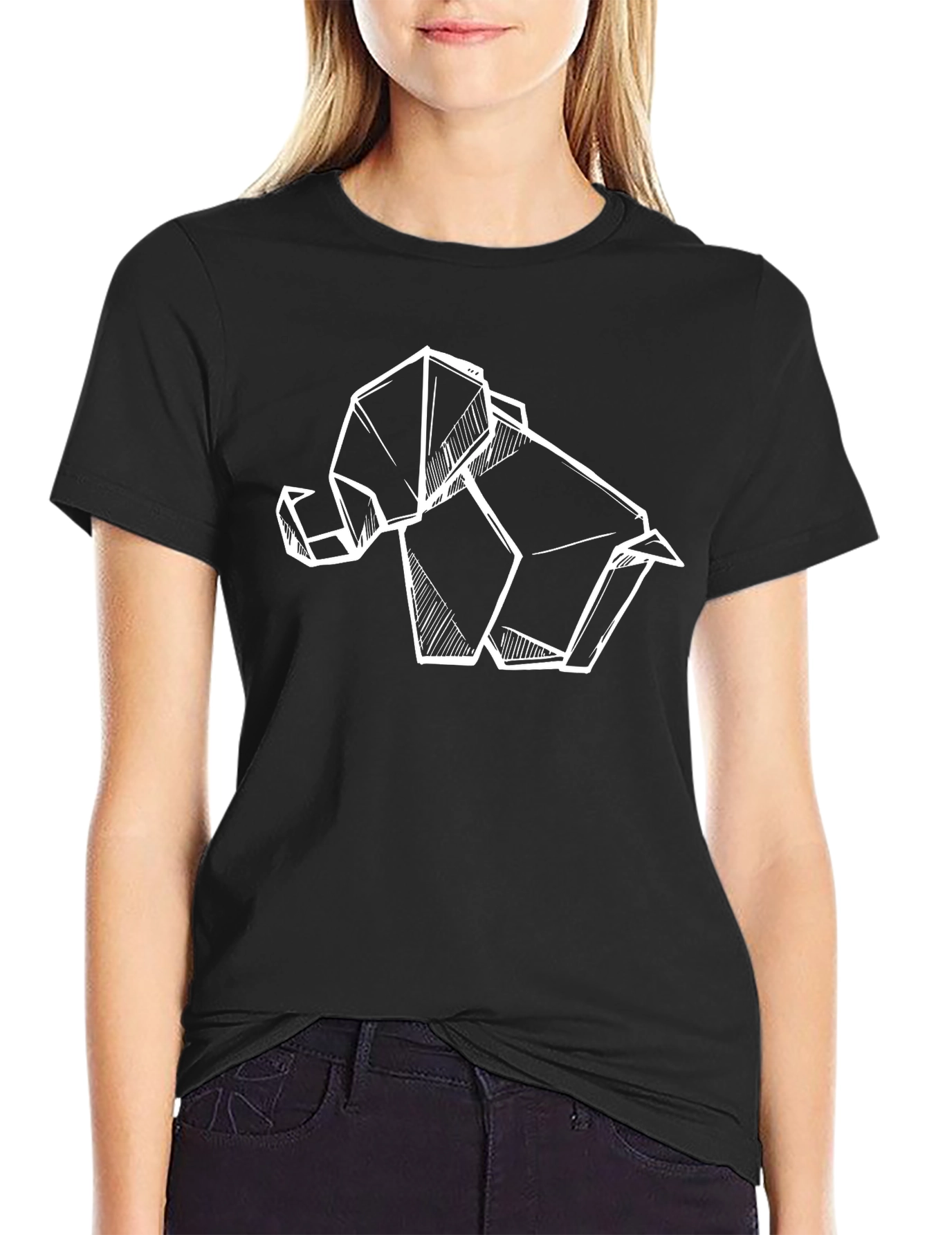 Black Origami Elephant Graphic Tee - Stylish Black T-Shirt view 2