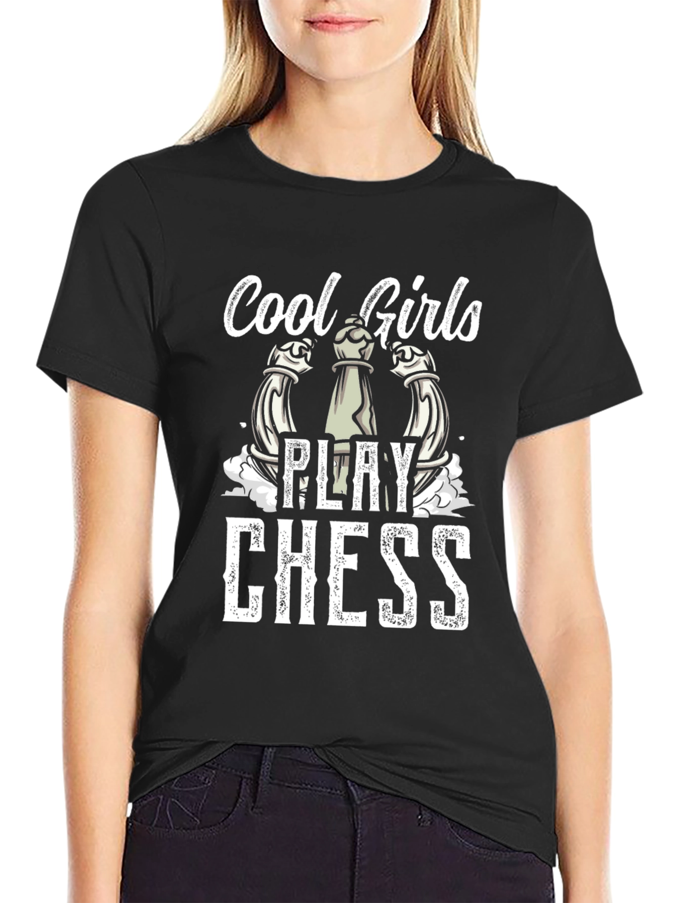 Black Cool Girls Play Chess T-Shirt - Black Cotton Tee view 2