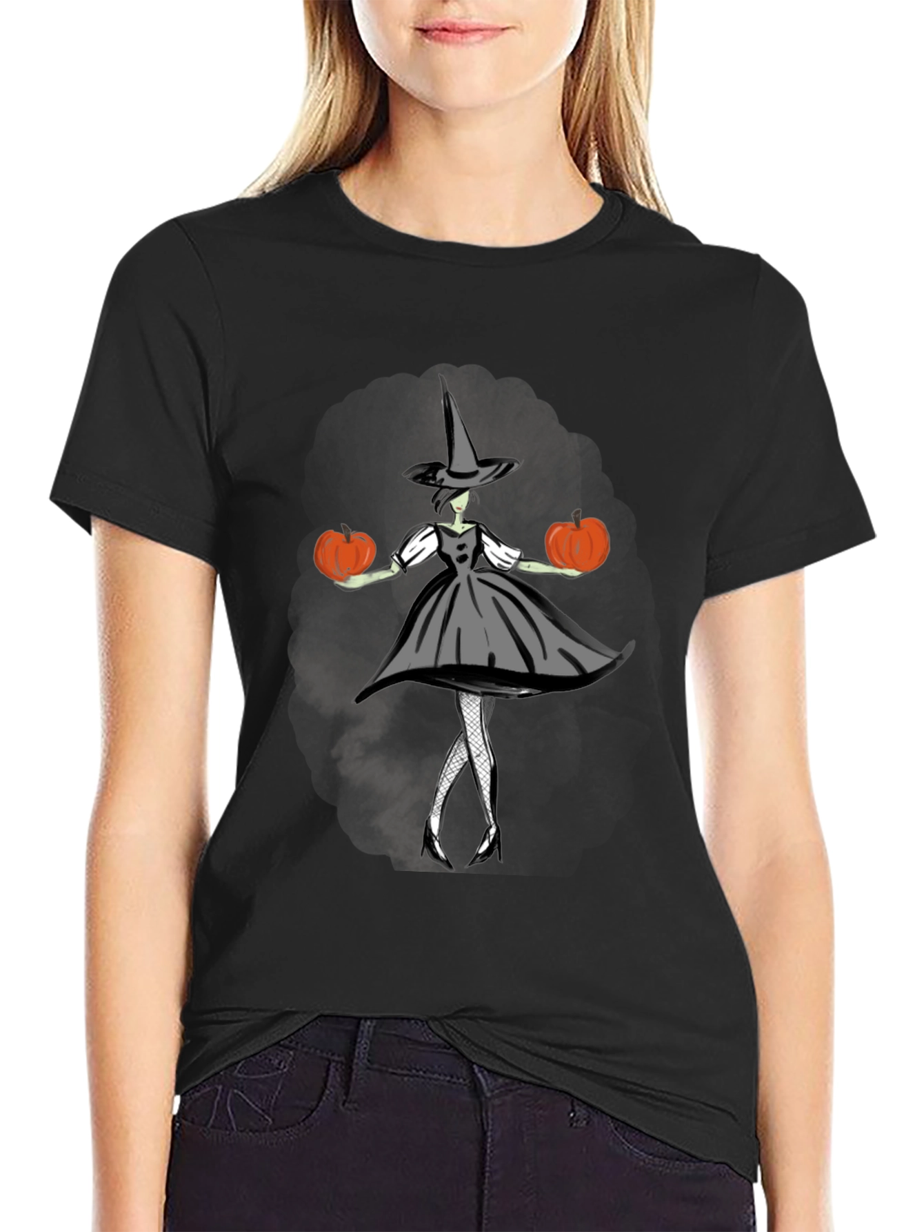 Black Halloween Witch T-Shirt - Pumpkin Design view 2