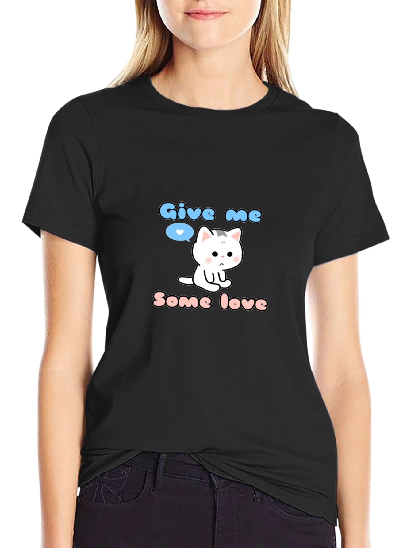 Black Cute Kitten 'Give Me Some Love' Graphic T-Shirt view 2