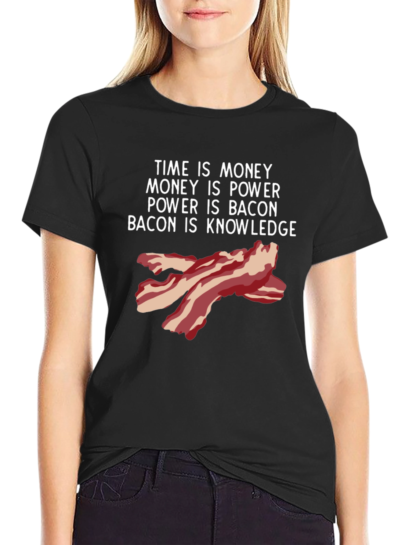 Black Time is Money Bacon Knowledge Funny T-Shirt view 2