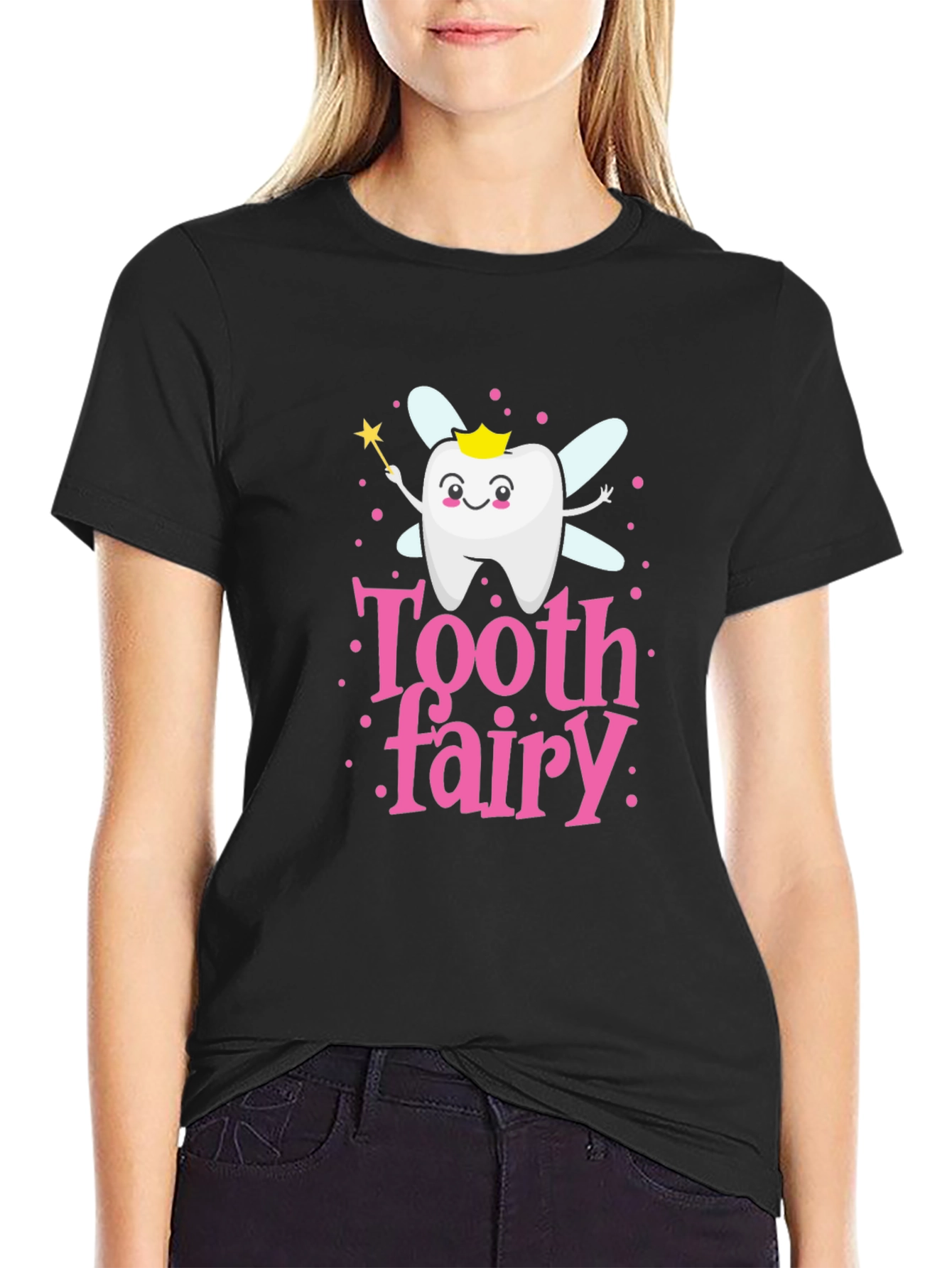 Black Tooth Fairy Cartoon T-Shirt Cute Dental Hygiene Tee view 2