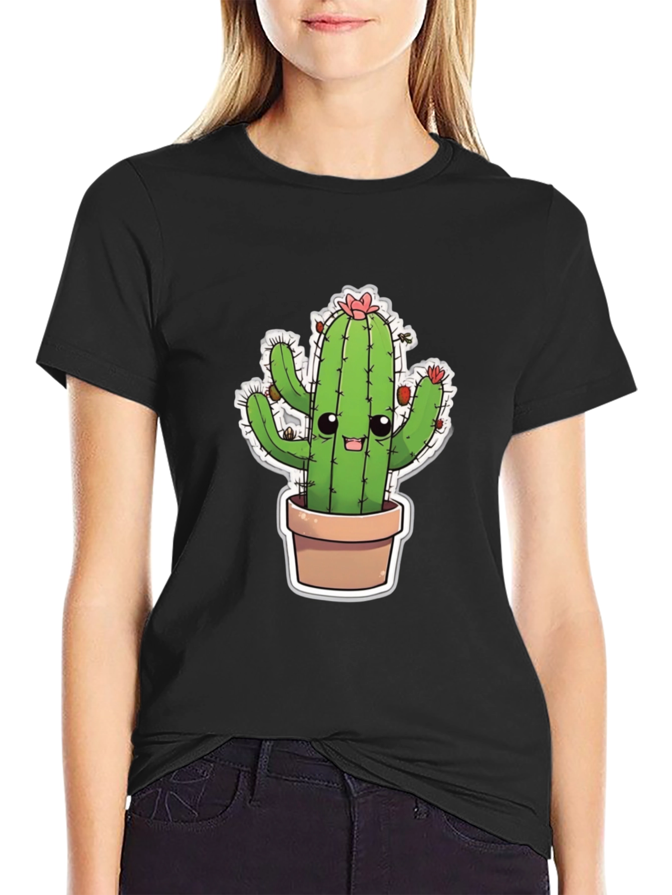 Black Cute Cactus T-Shirt - Black Cotton Blend view 2
