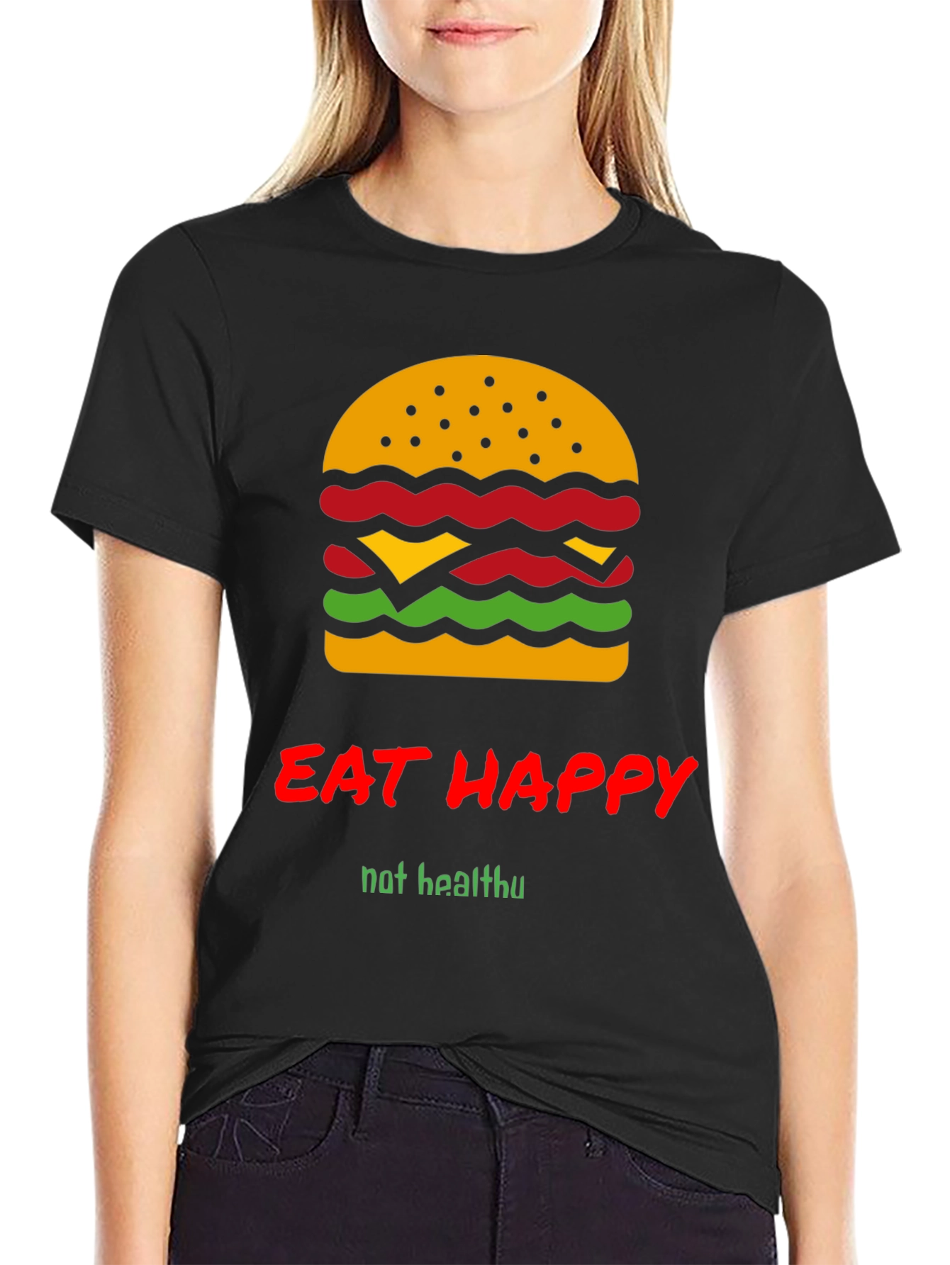 Black Eat Happy Burger Graphic Tee - Black Crew Neck T-Shirt view 2