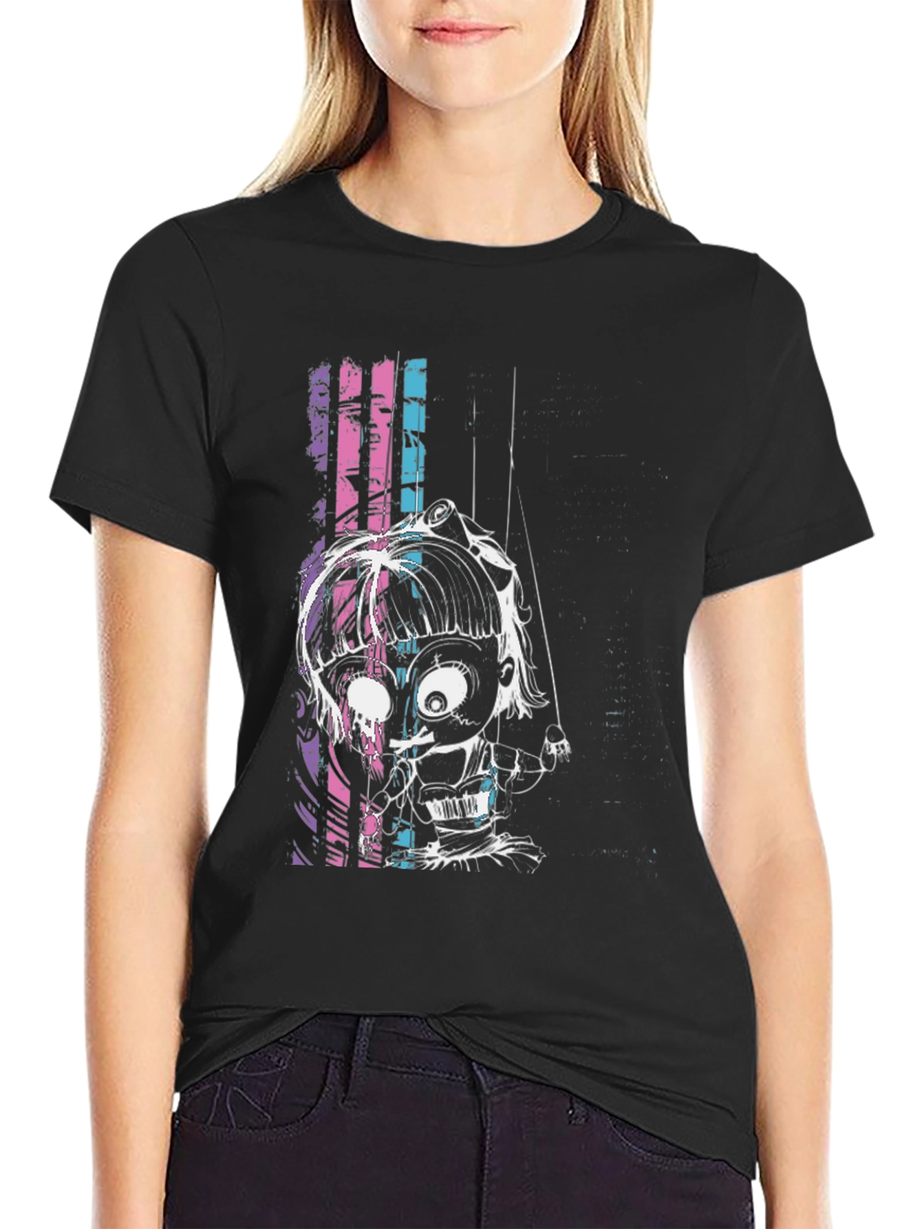 Black Creepy Puppet Graphic Tee - Unique Design view 2