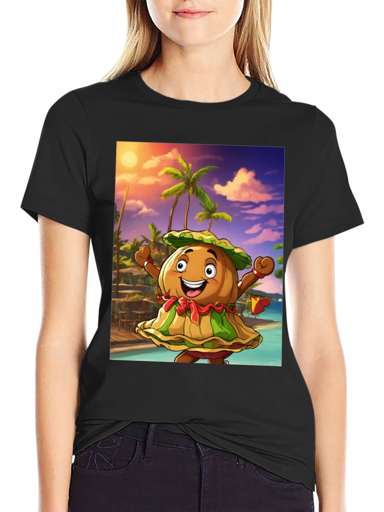 Black Tropical Cartoon Print Black T-Shirt view 2