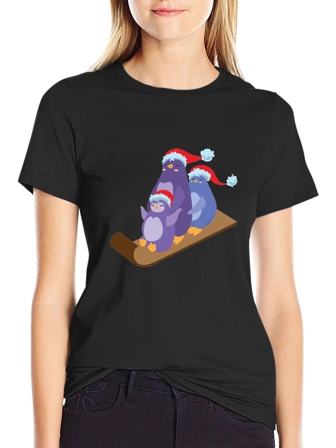 Black Penguin Family Holiday Sledding T-Shirt view 2