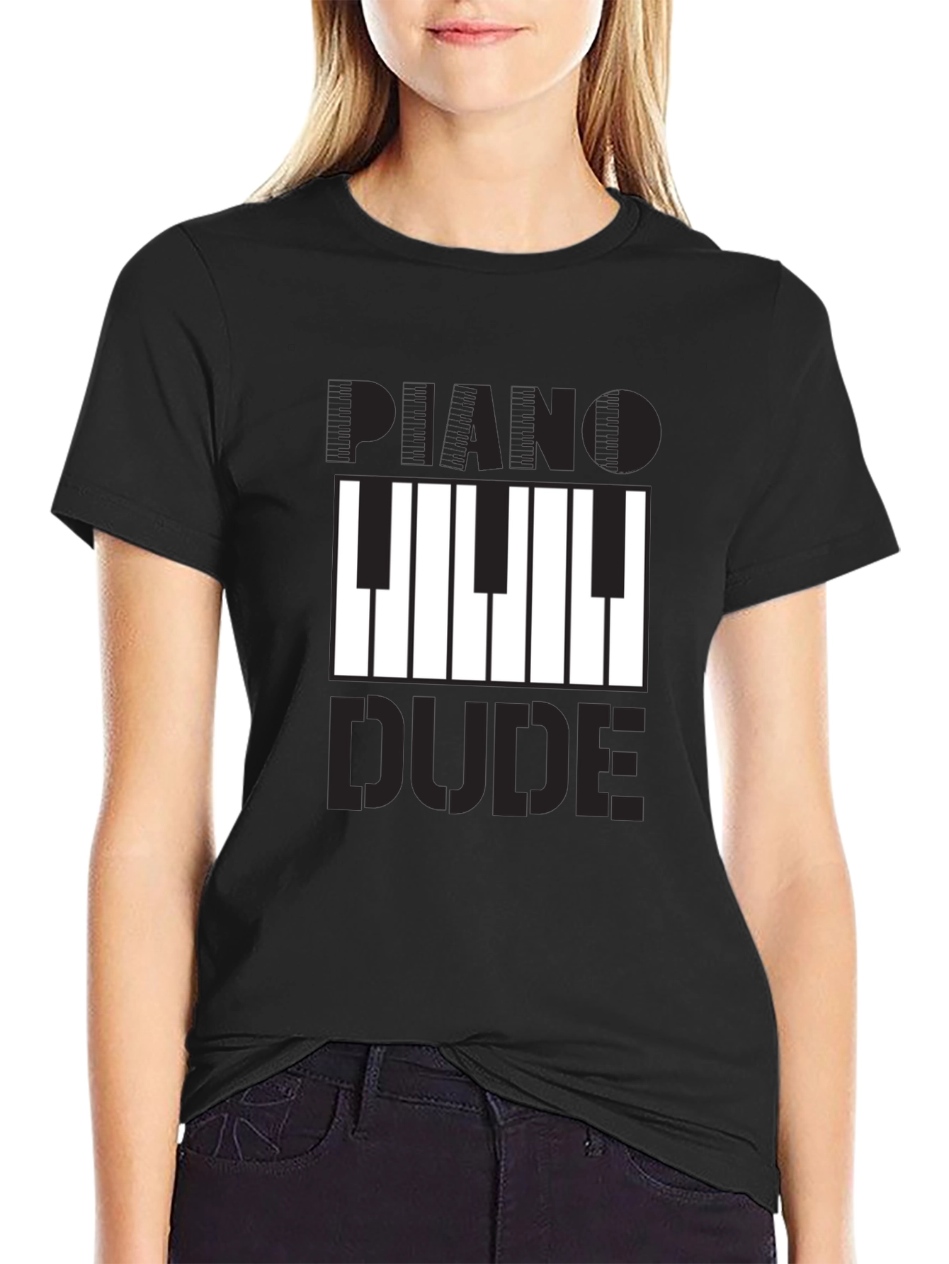 Black Piano Dude Graphic T-Shirt - Black Cotton Tee view 2