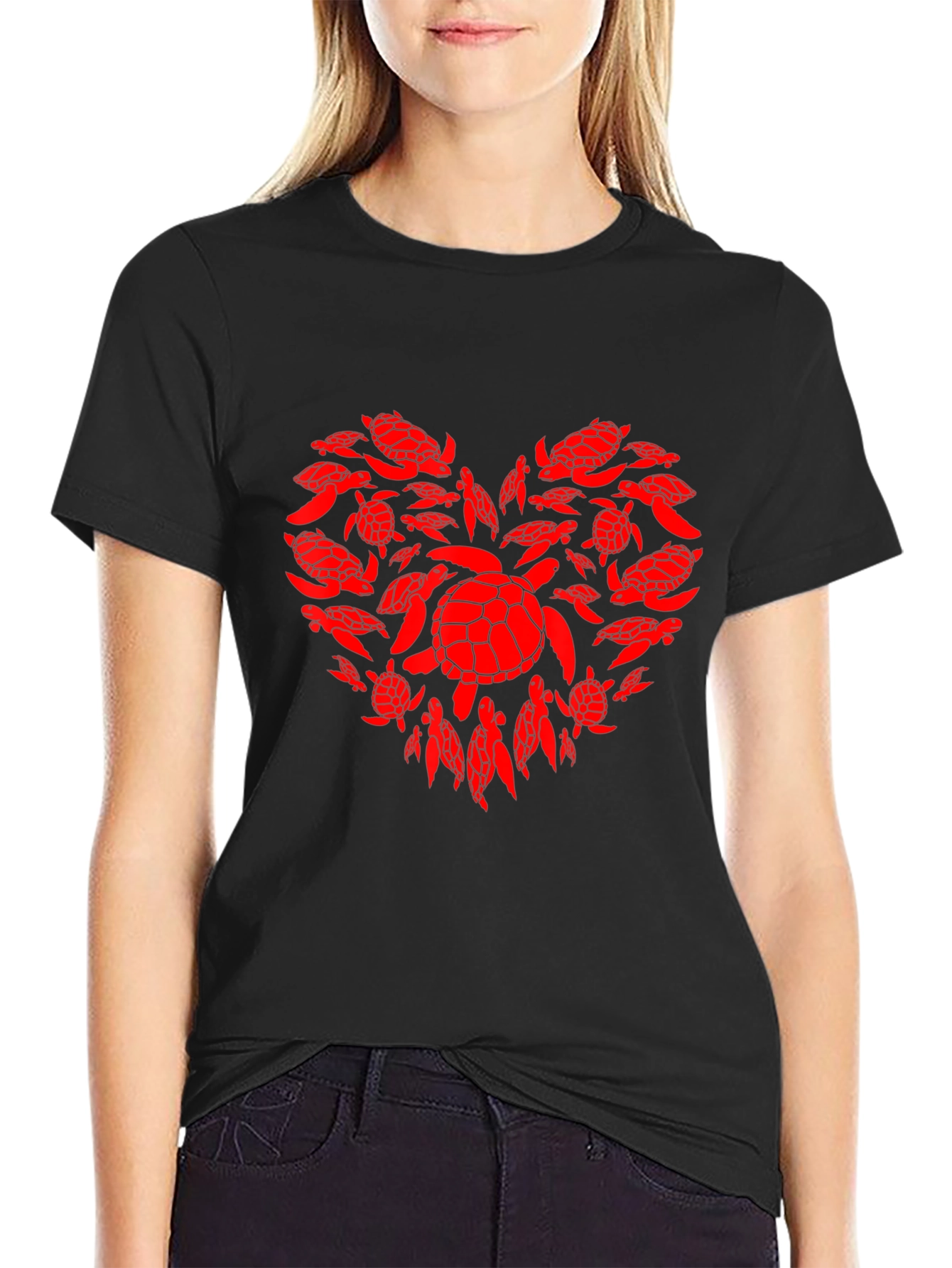 Black Turtle Heart Graphic Tee - Black Cotton Casual T-Shirt view 2