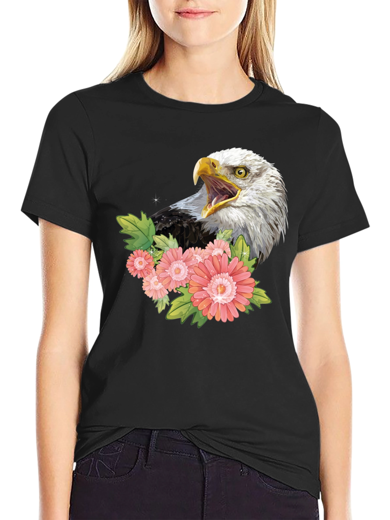 Black Eagle and Floral Graphic Print T-Shirt view 2