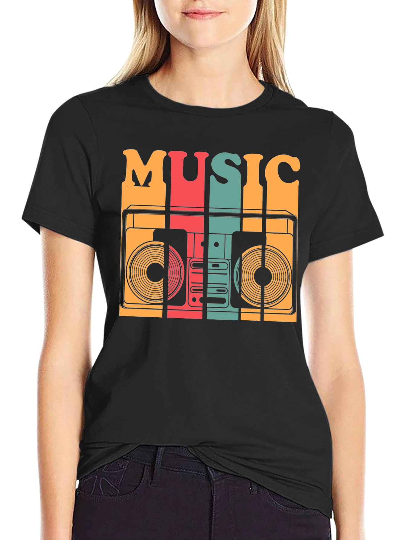 Black Retro Music T-Shirt - Vintage Boombox Design view 2