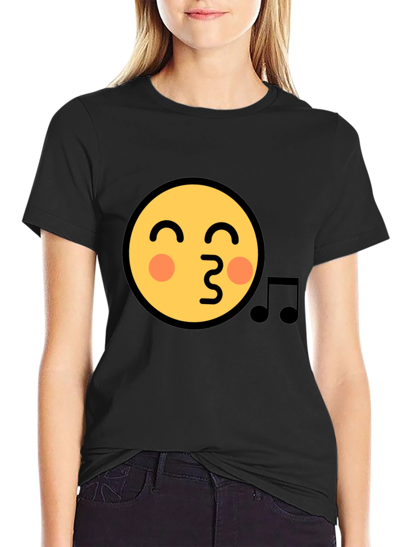 Black Emoji Face Kiss Music Note Black T-Shirt view 2