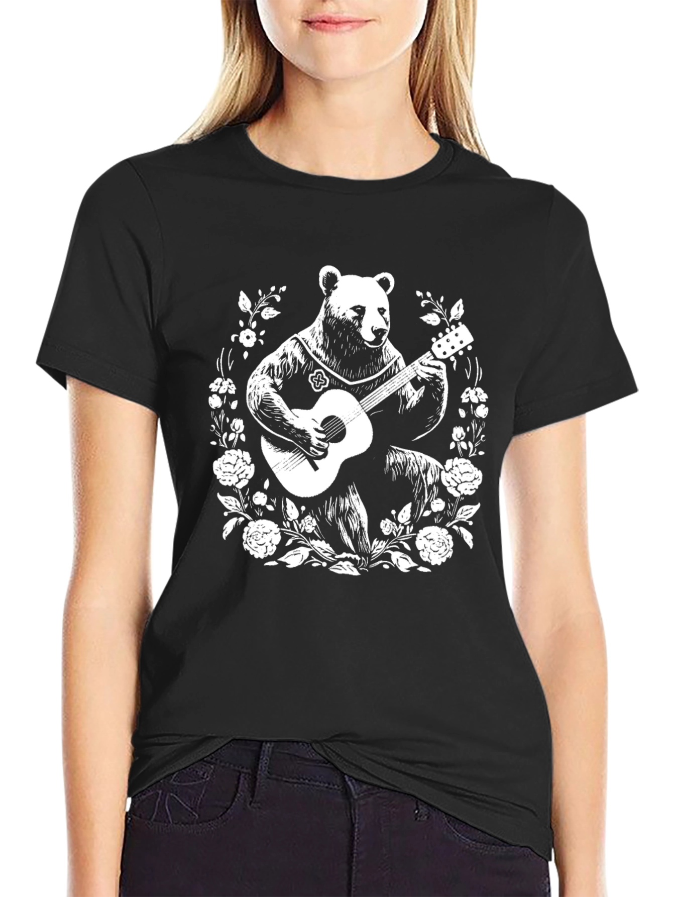 Black Bear Guitarist Graphic Tee - Black Unisex T-Shirt view 2