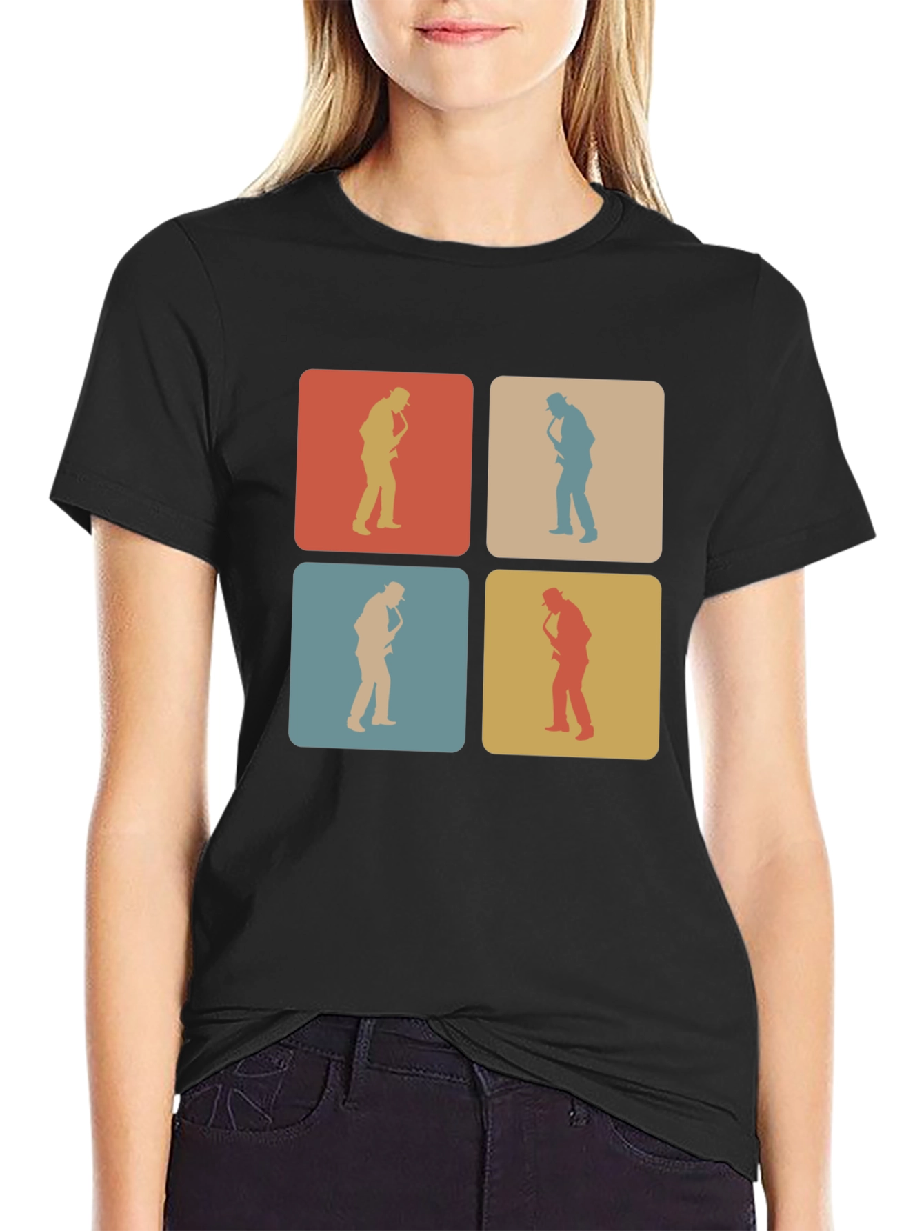 Black Retro Saxophone Player T-Shirt view 2