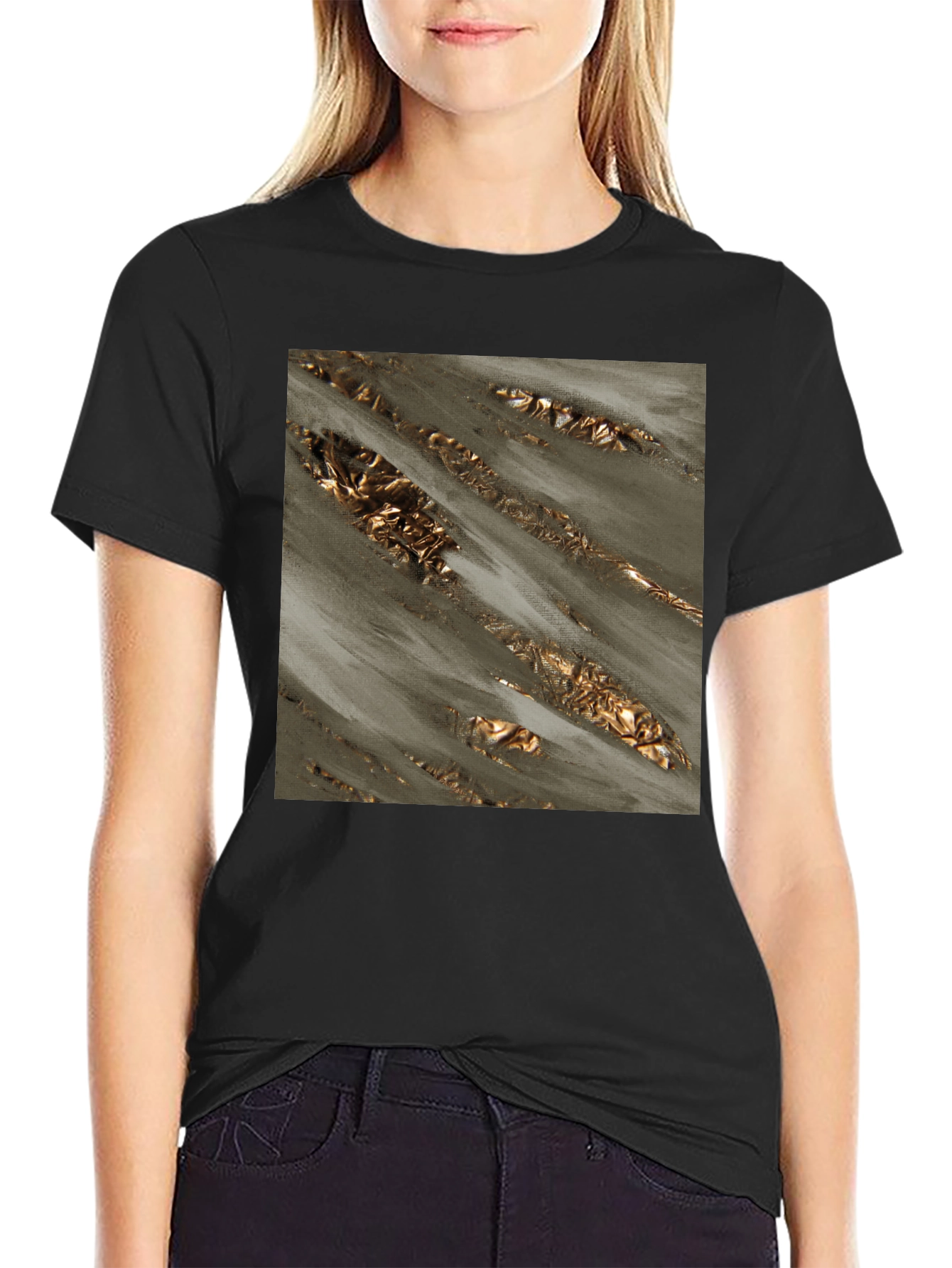Black Abstract Gold Foil Art Black T-Shirt view 2