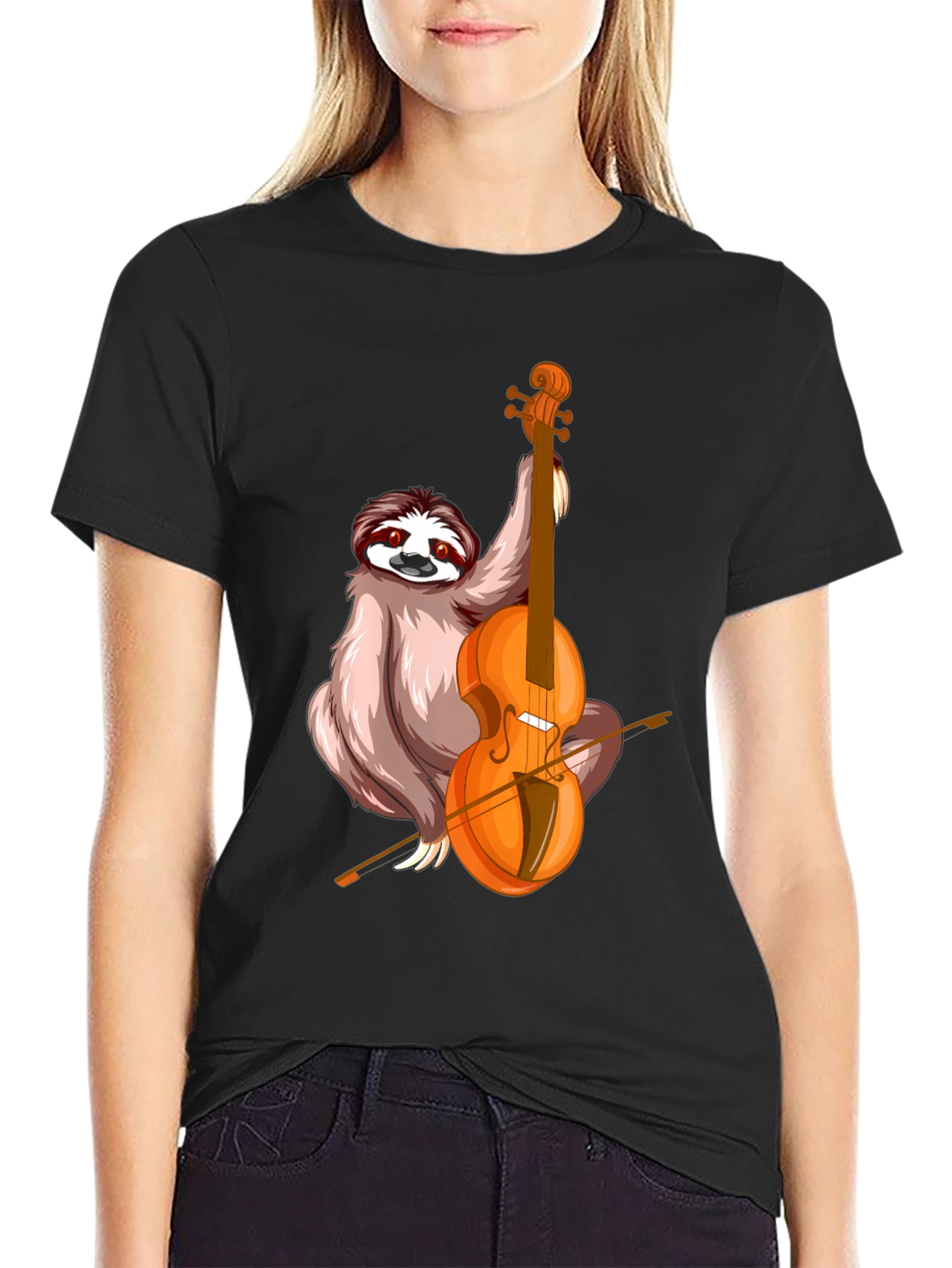 Black Sloth Playing Cello Graphic T-Shirt view 2