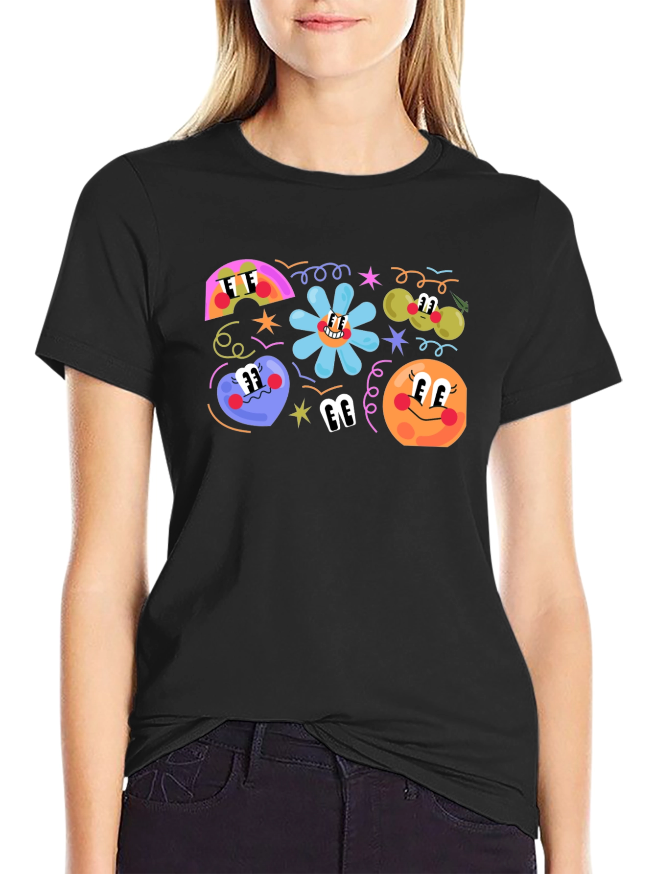 Black Retro Cartoon Print Black T-Shirt view 2