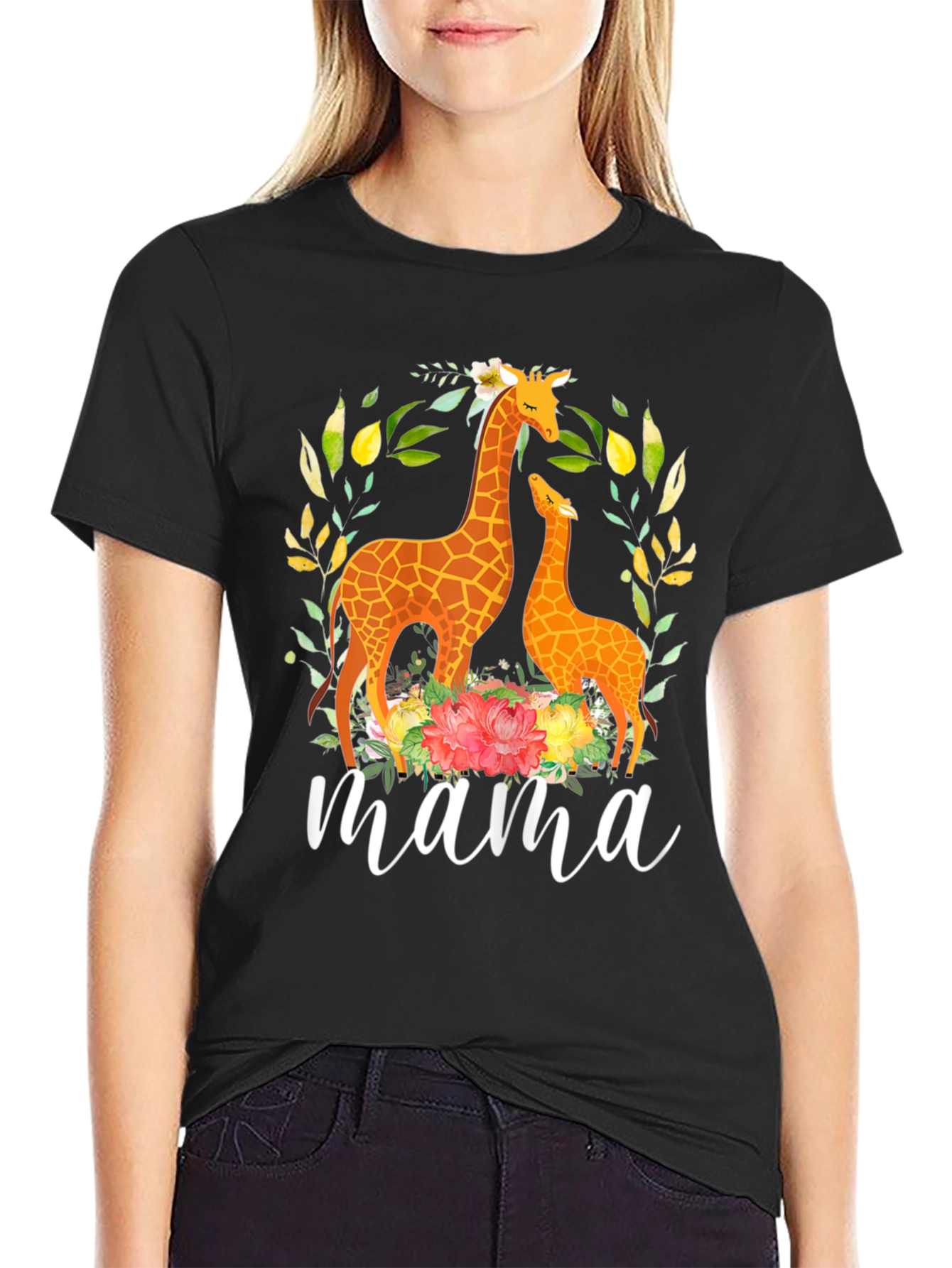 Black Mama Giraffe Floral Graphic Tee - Black Cotton Blend view 2