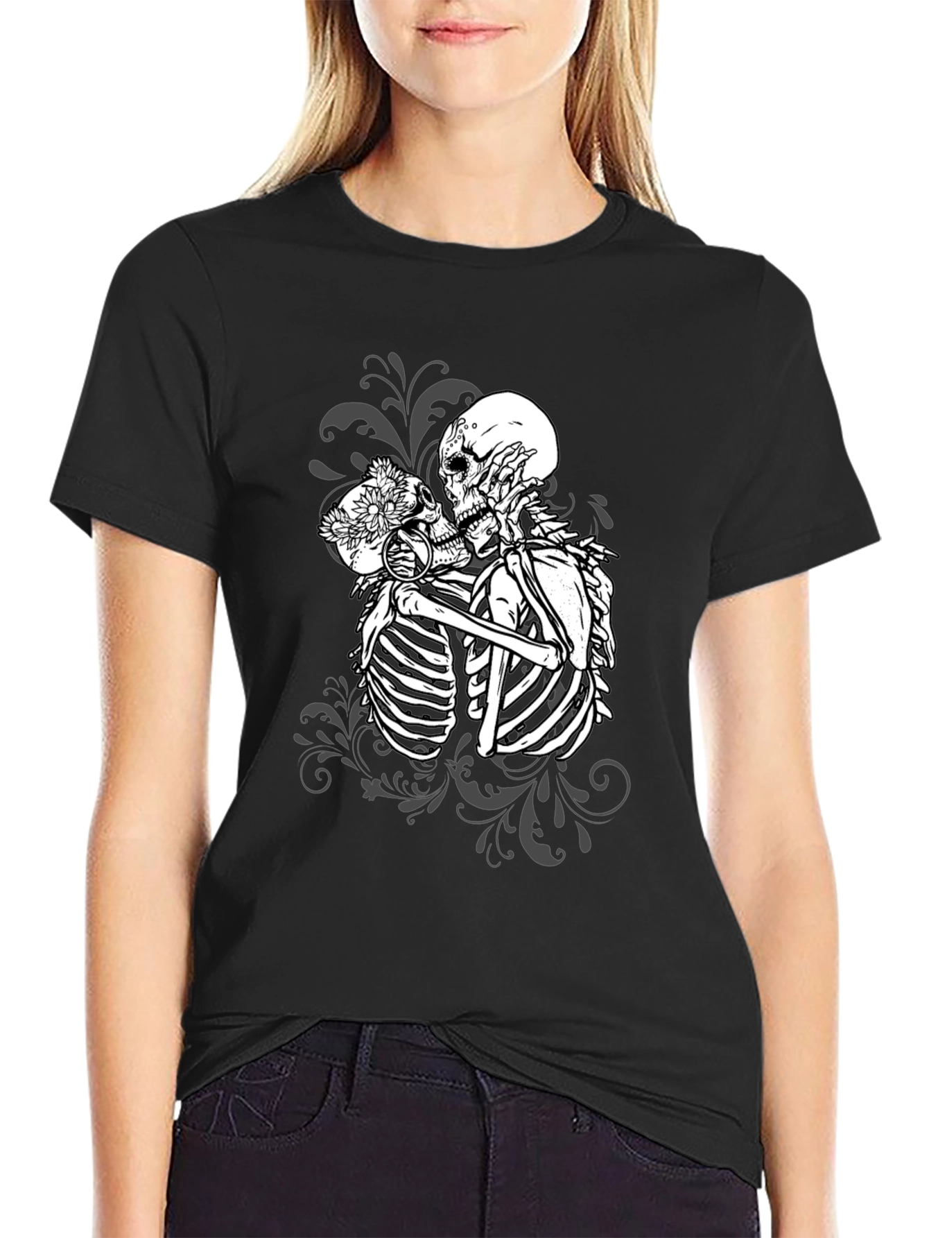 Black Kissing Skeletons Graphic Tee - Gothic Romance T-Shirt view 2