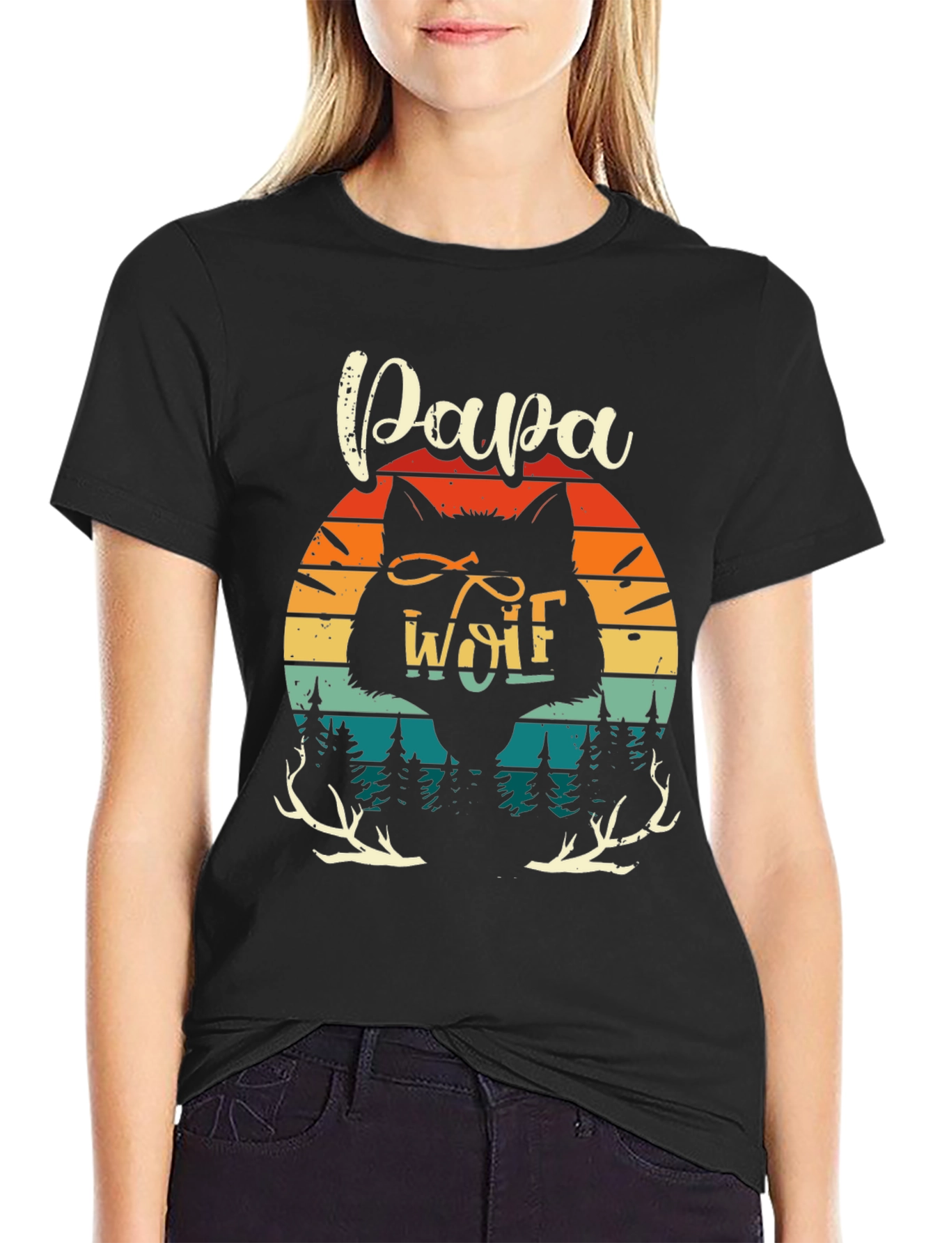 Black Papa Wolf Graphic Tee Retro Style view 2