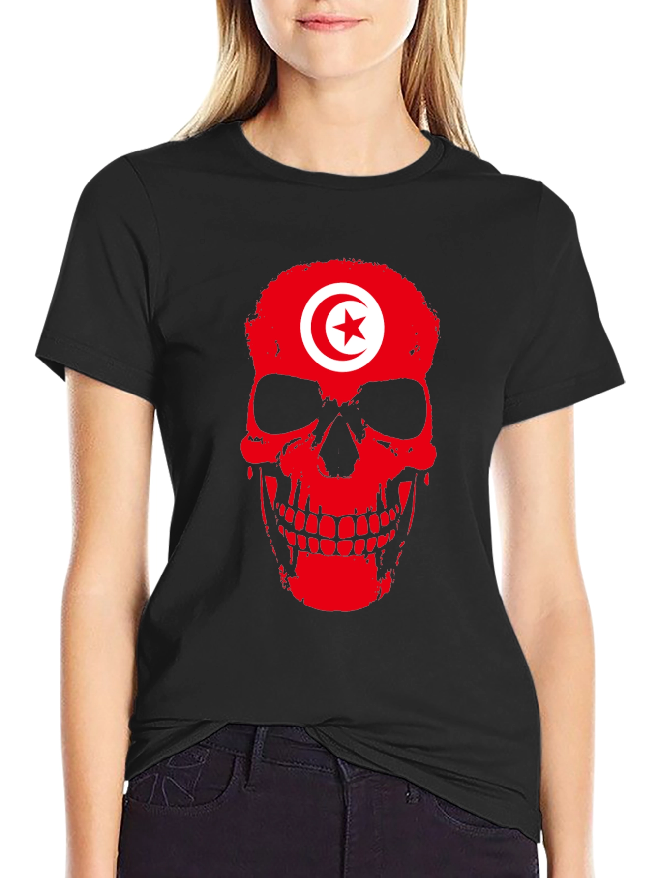 Tunisia Flag Skull Graphic Black T-Shirt - 2