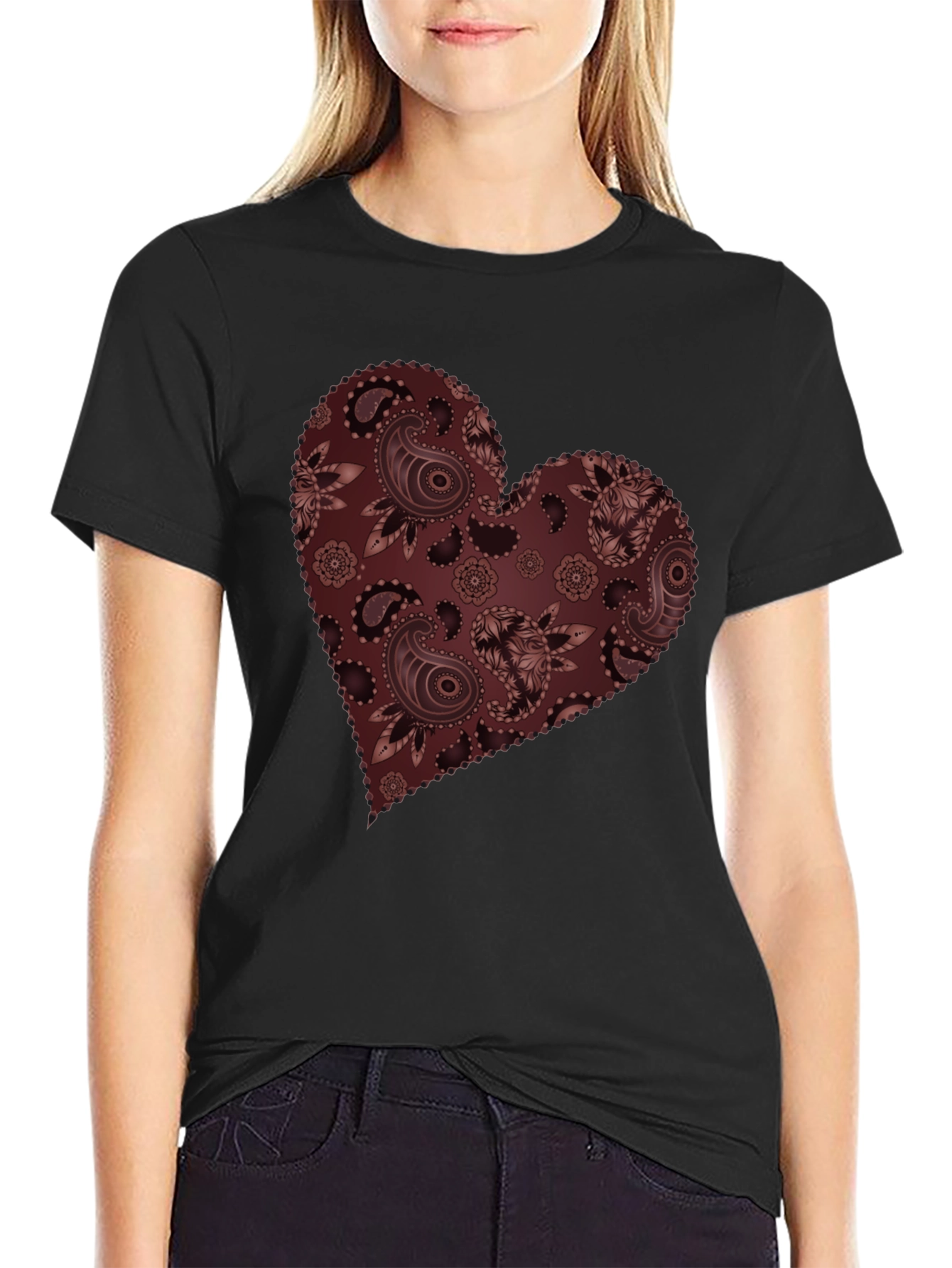 Black Paisley Heart Graphic Tee - Stylish Casual Wear view 2