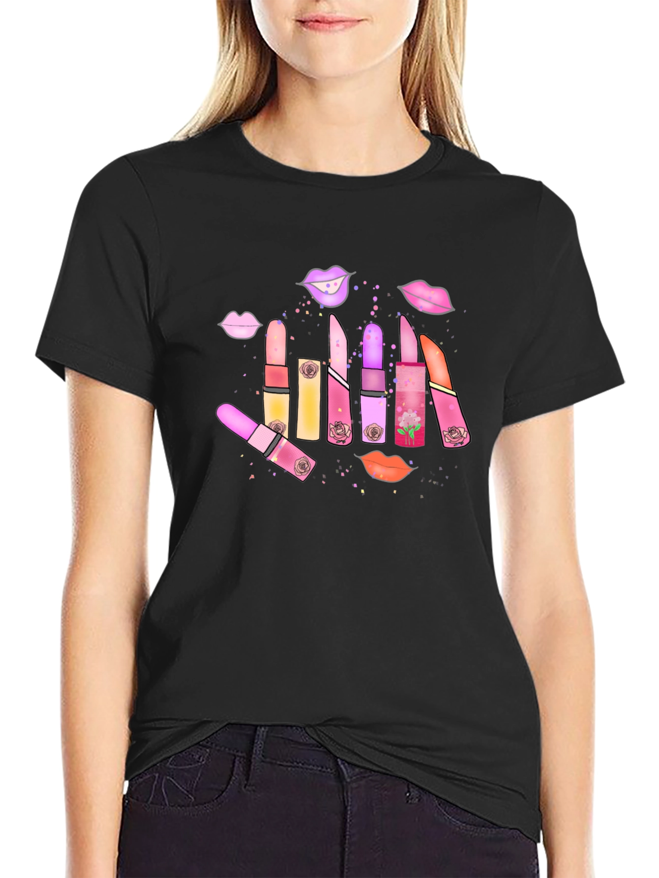 Black Lipstick & Lips Graphic Black T-Shirt view 2