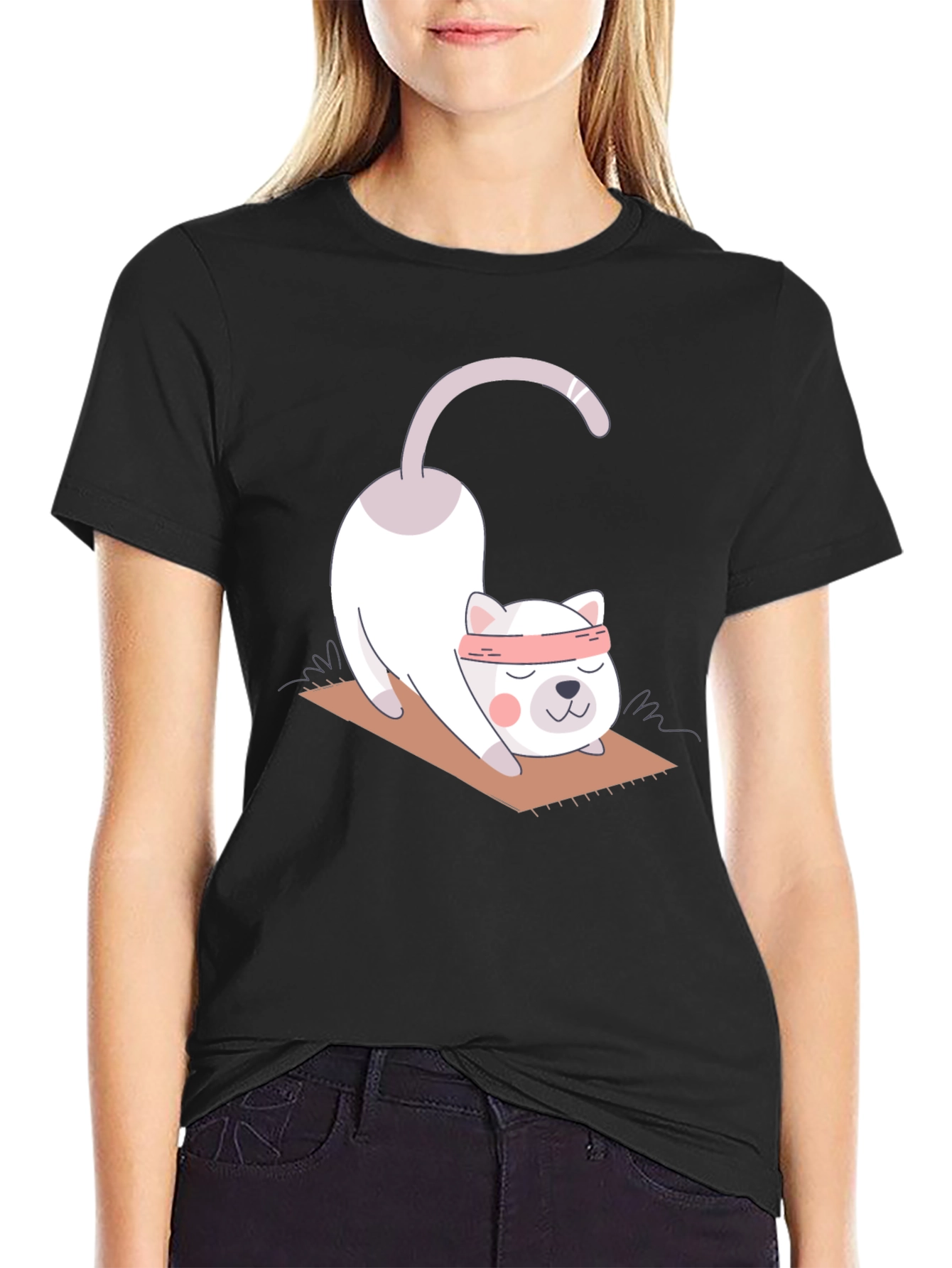Black Yoga Cat T-Shirt - Cute Stretch Design view 2