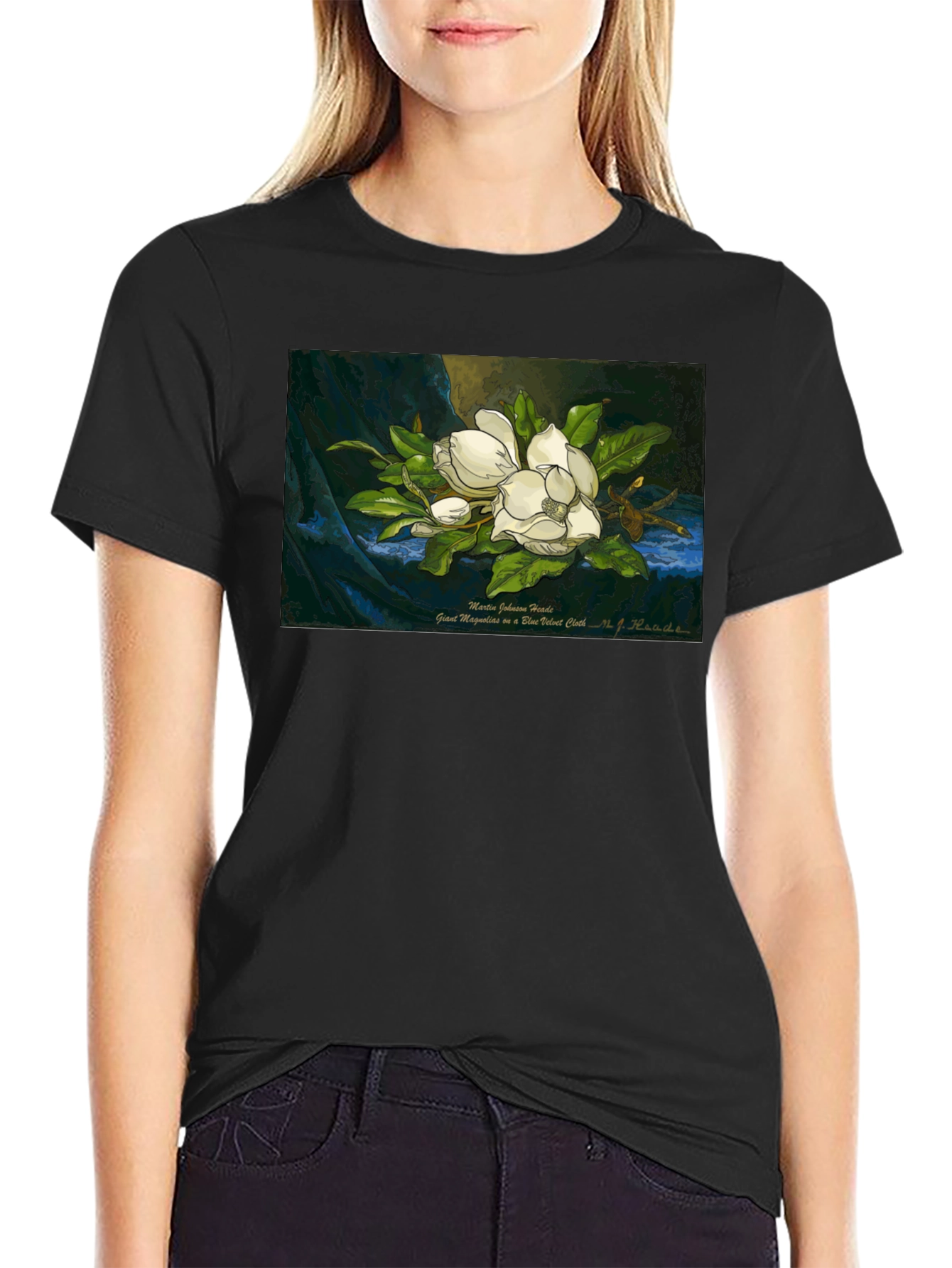 Black Magnolia Art Print T-Shirt - Elegant Floral Design view 2