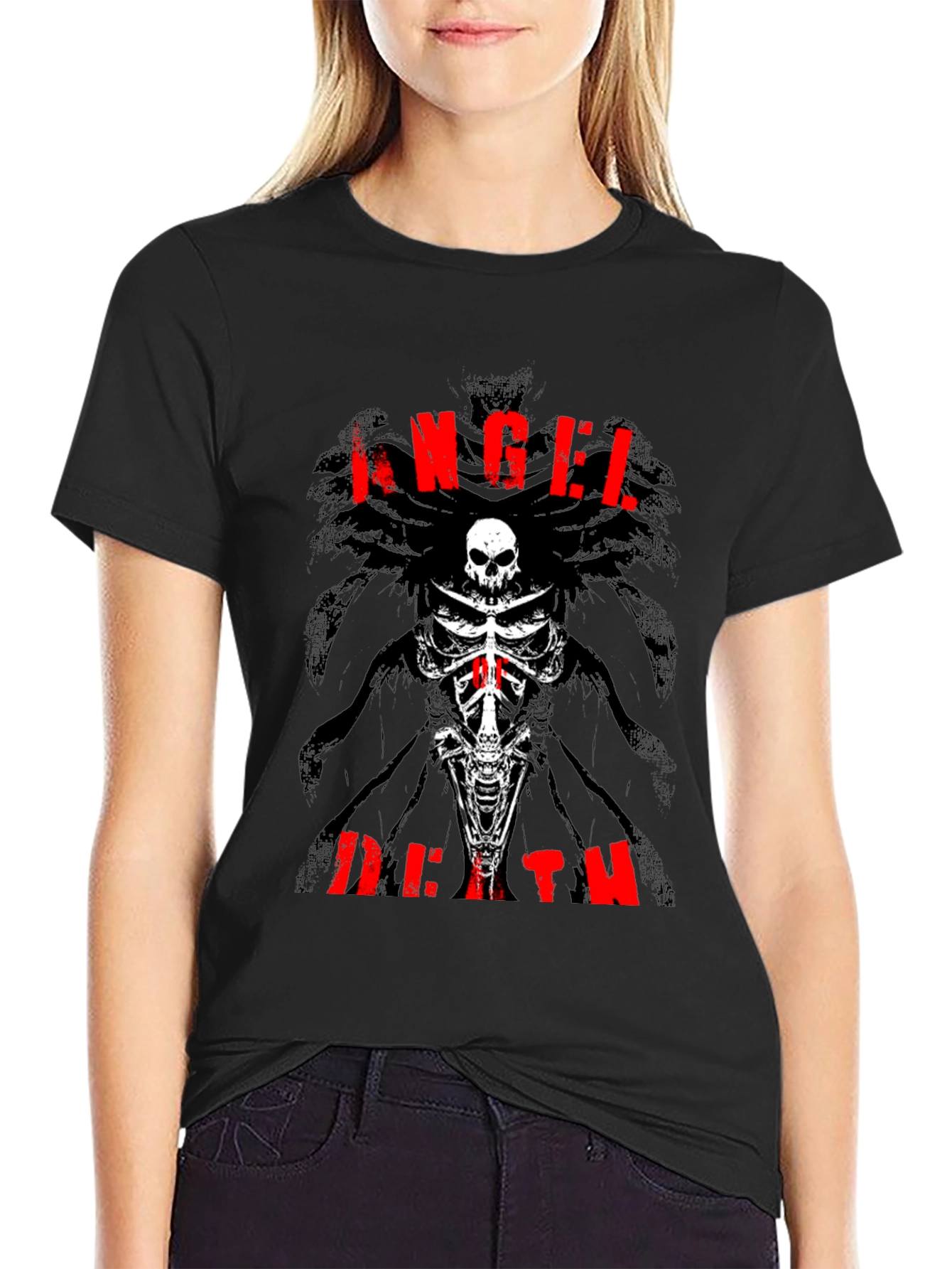 Black Angel Death Graphic T-Shirt - Skull & Bones Design view 2