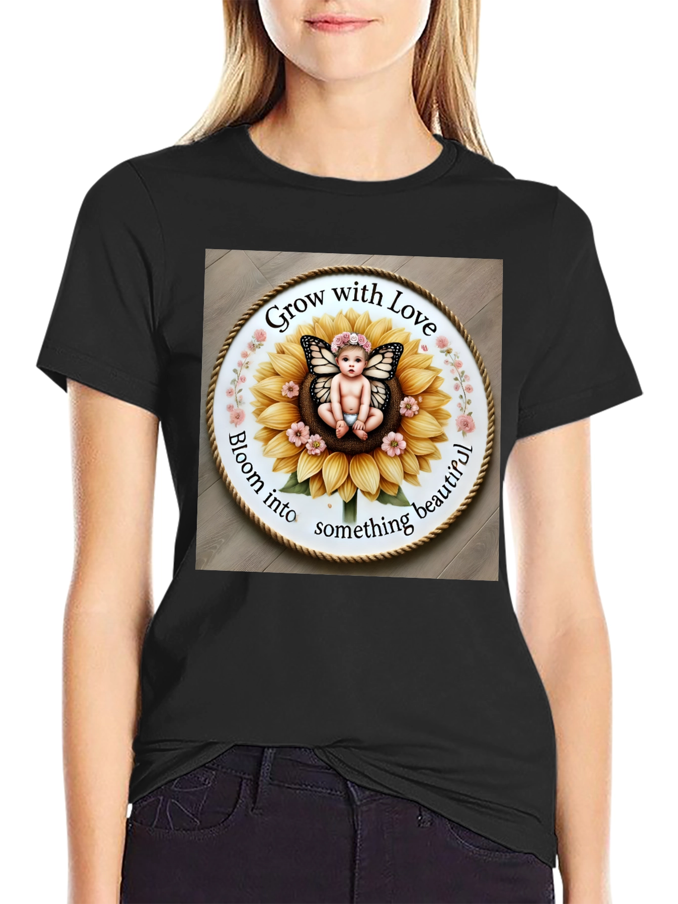 Black Grow with Love T-Shirt - Cute Butterfly Baby Sunflower Design view 2