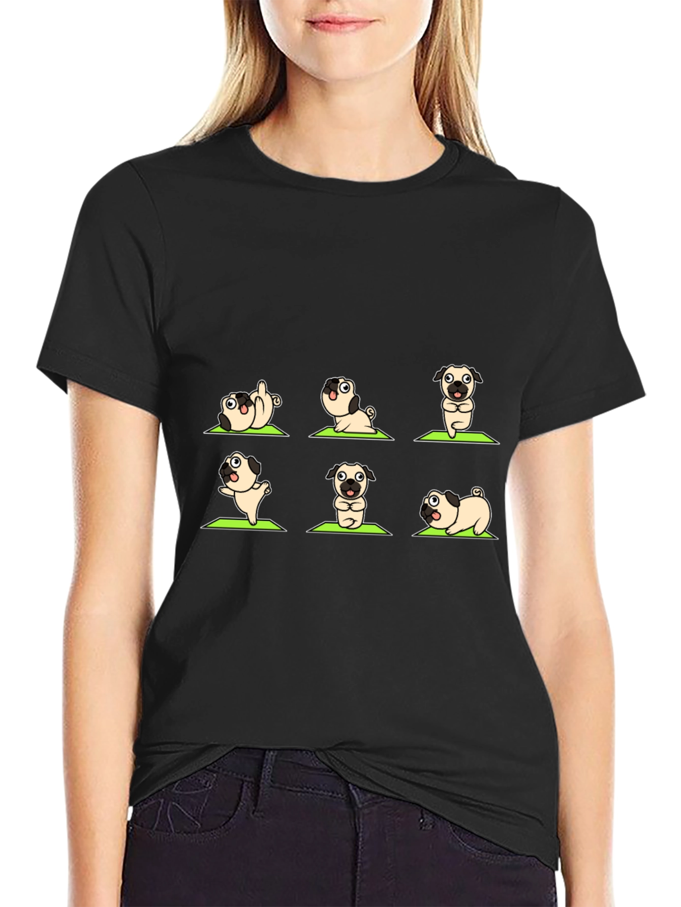Black Yoga Pug Black Graphic T-Shirt view 2