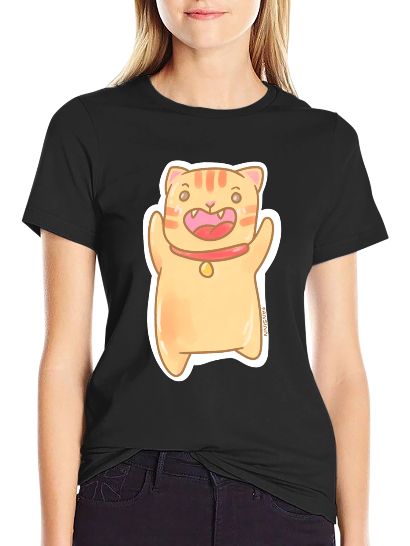 Black Cute Cat Cartoon Graphic Tee view 2