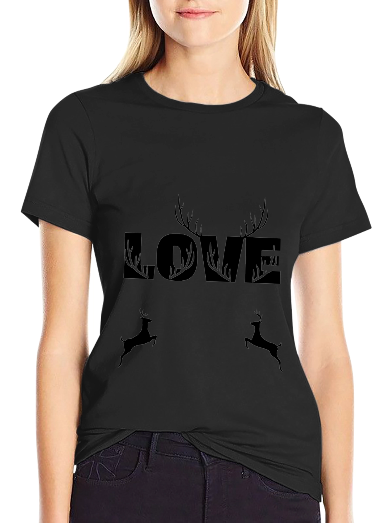 Black Love Deer Graphic Tee - Stylish Black T-Shirt view 2