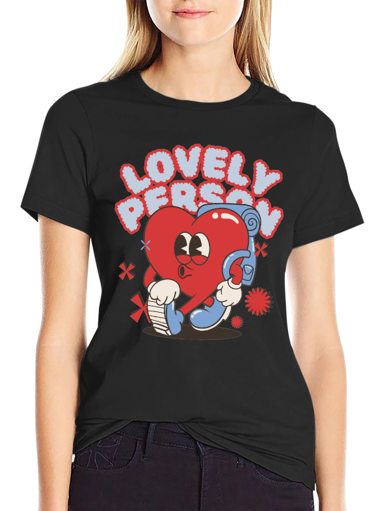 Black Lovely Person Heart Cartoon Black T-Shirt view 2
