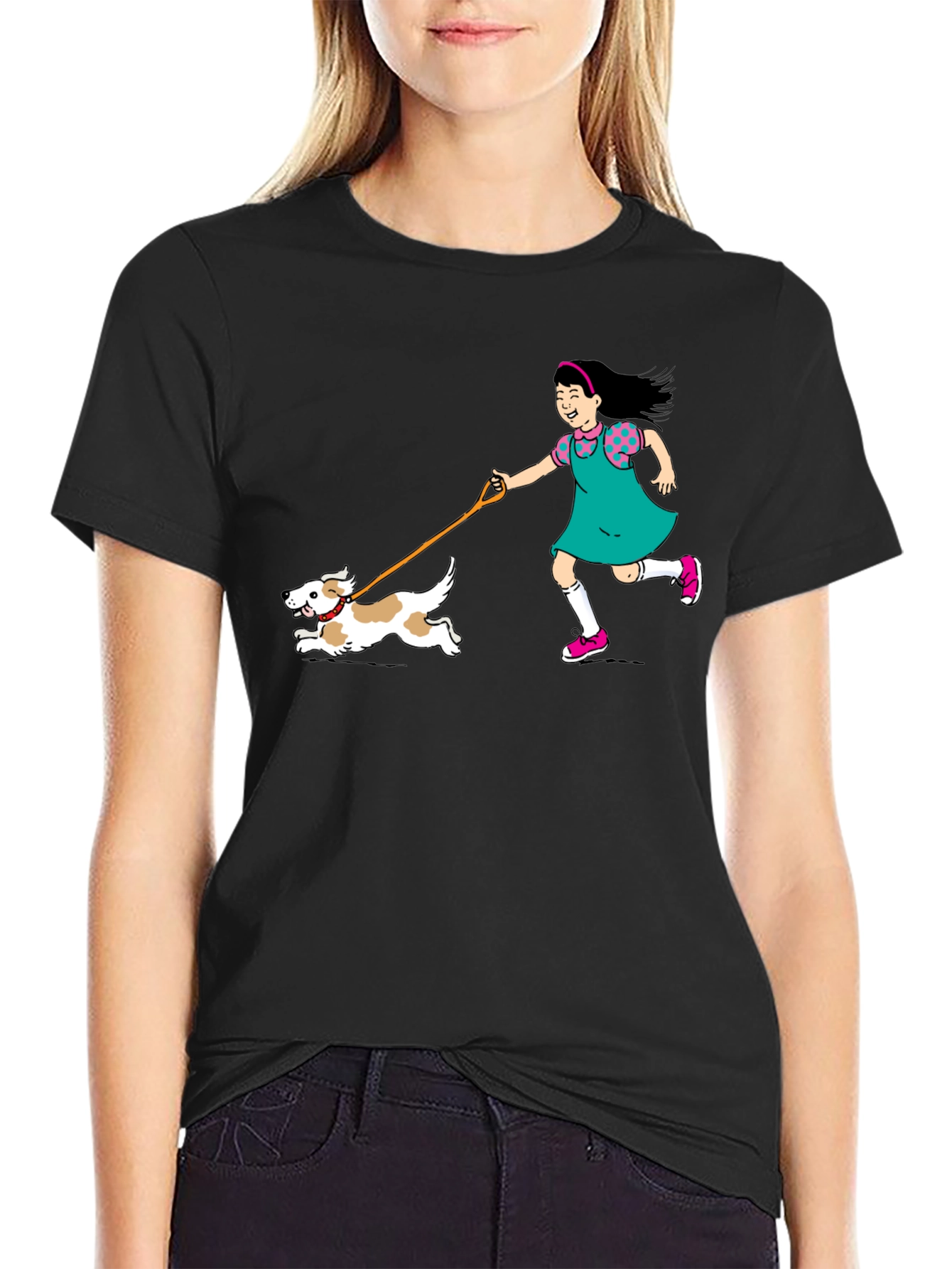 Black Girl Walking Dog Graphic Tee - Unisex Black T-Shirt view 2