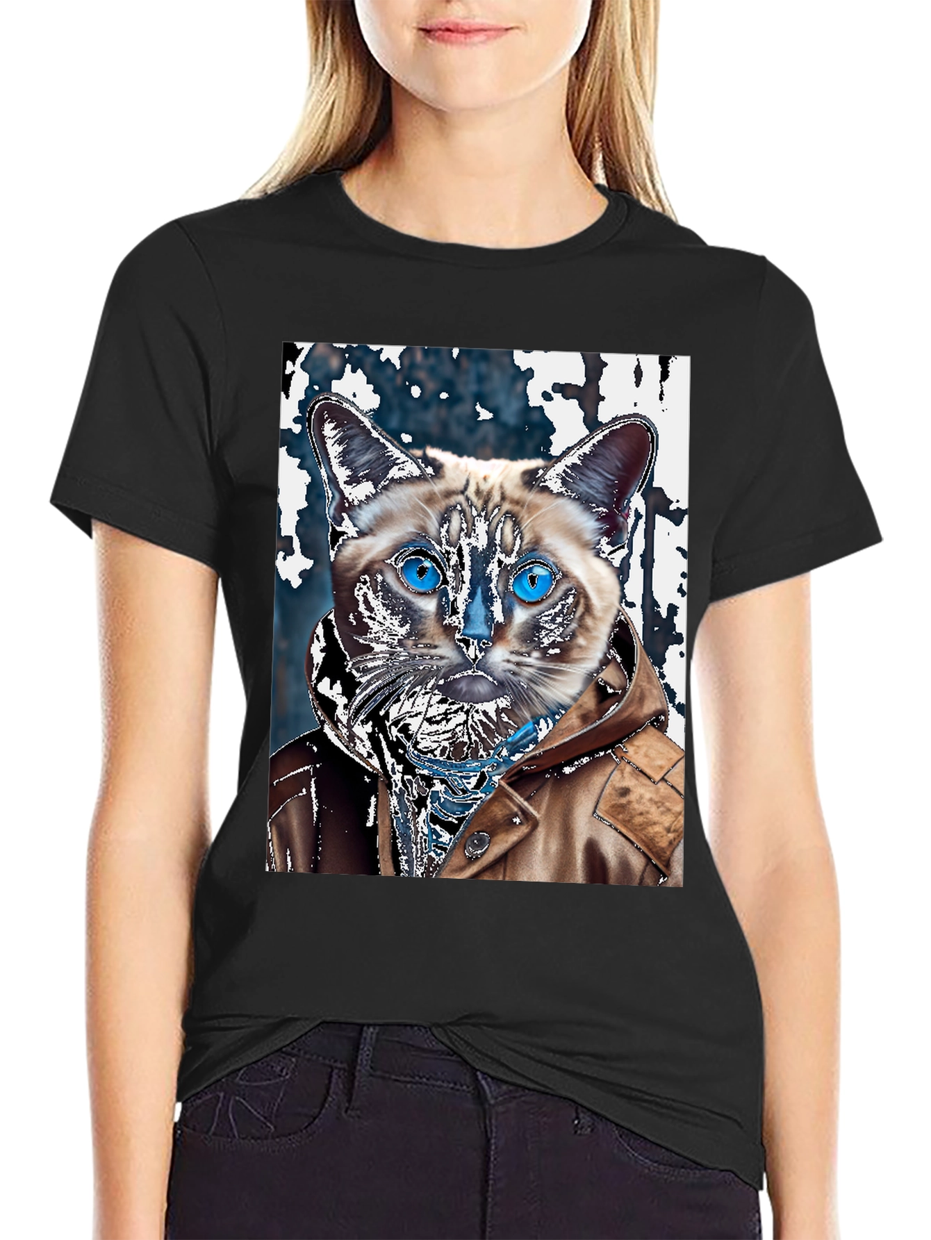 Black Cat in Jacket Graphic T-Shirt view 2