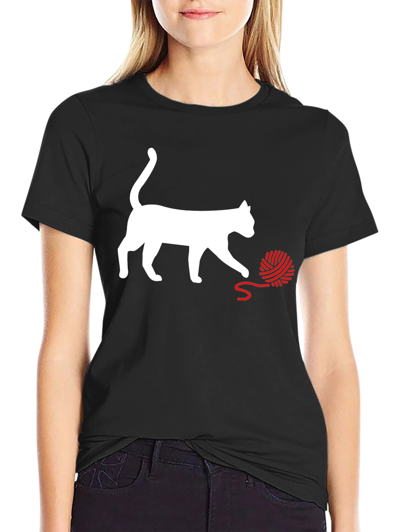 Black Cat & Yarn Ball Graphic T-Shirt - Fun & Playful! view 2