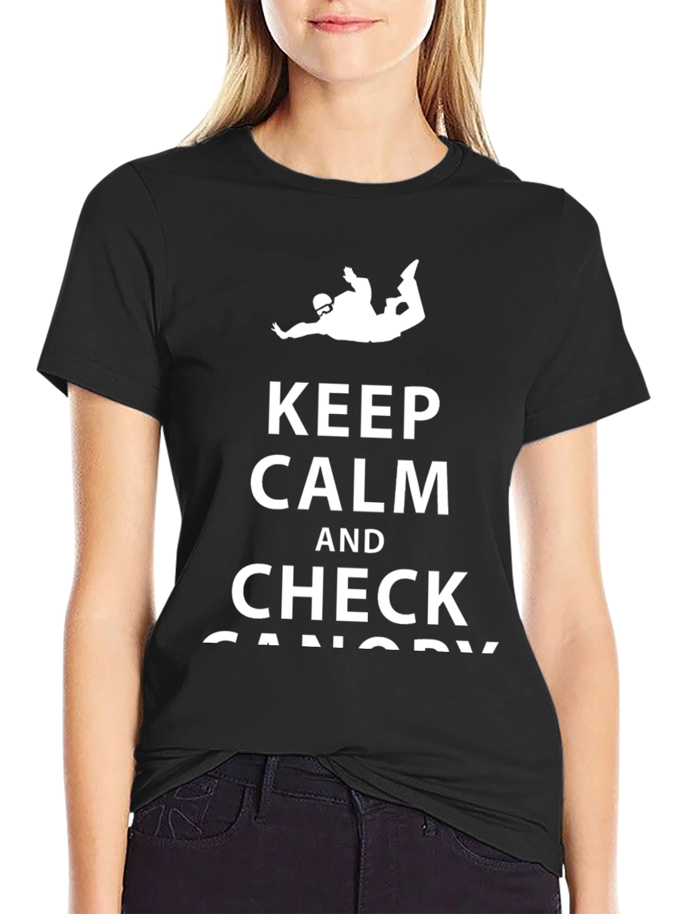 Black Keep Calm & Check Canopy Skydiving T-Shirt view 2