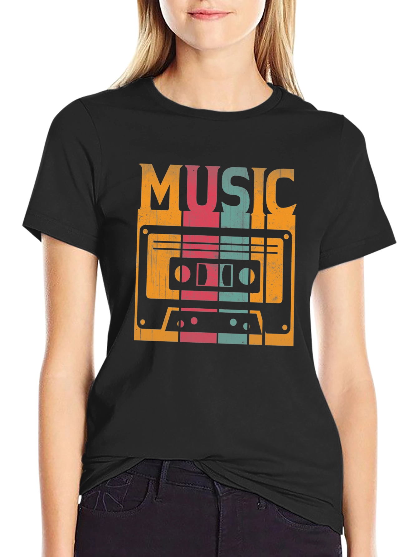 Black Retro Music Cassette Graphic Tee - Vintage Style Shirt view 2
