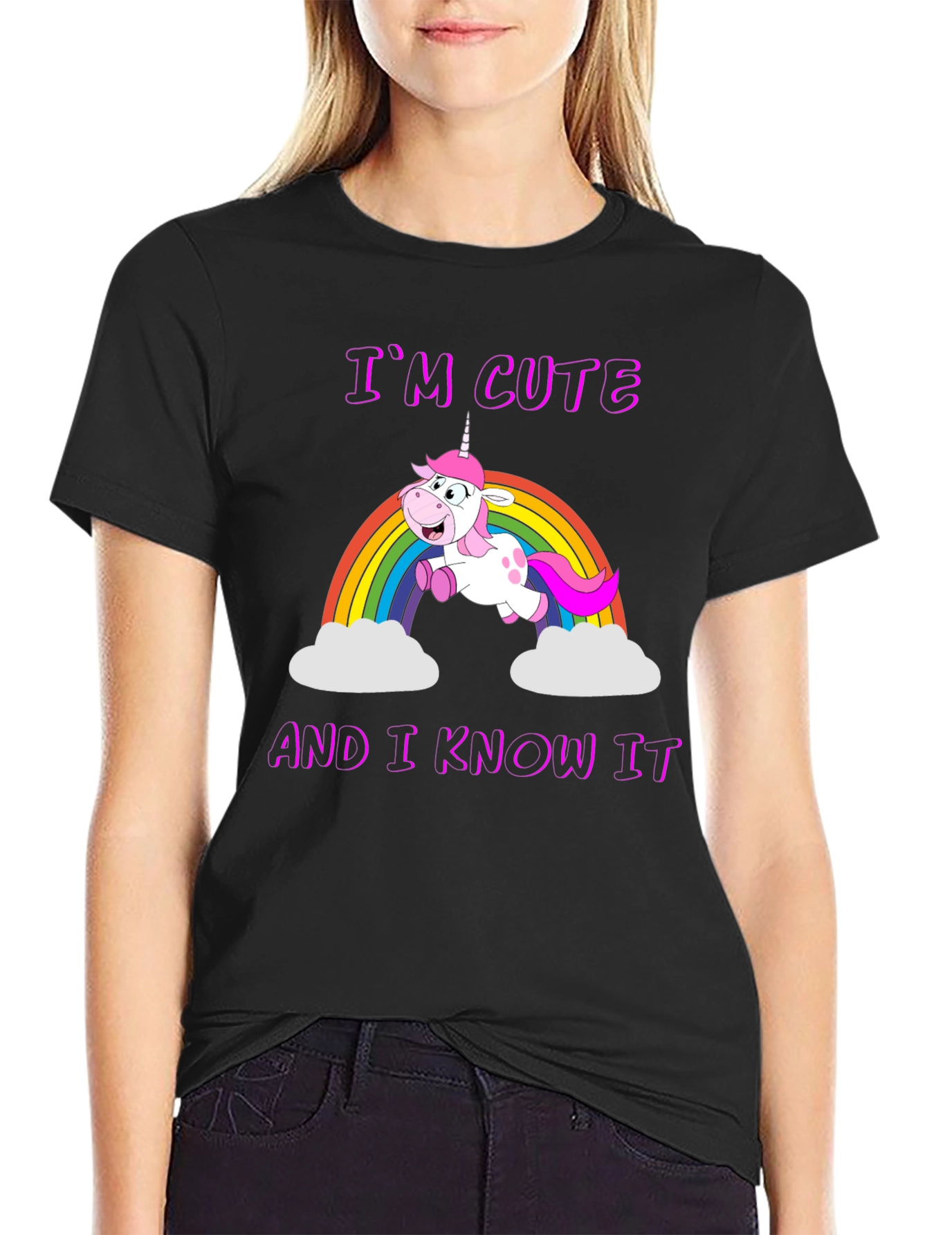 Black Cute Unicorn Rainbow Graphic T-Shirt view 2