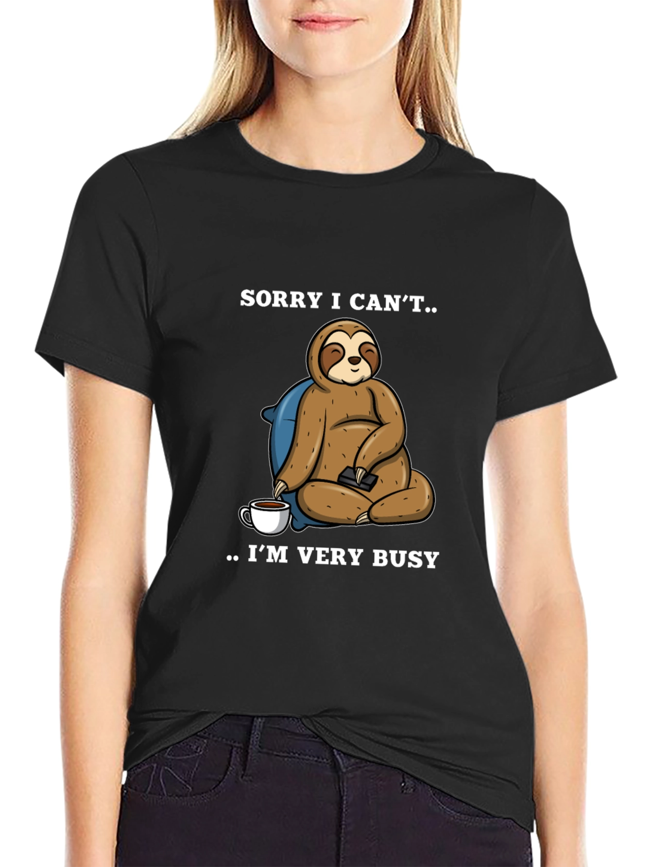 Black Sorry I Can't Sloth T-Shirt - Very Busy view 2