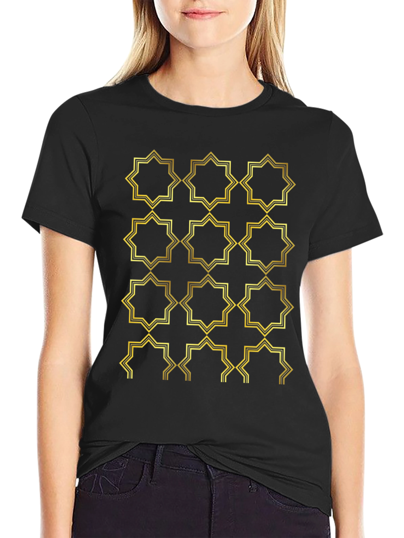 Black Geometric Gold Pattern Black T-Shirt view 2