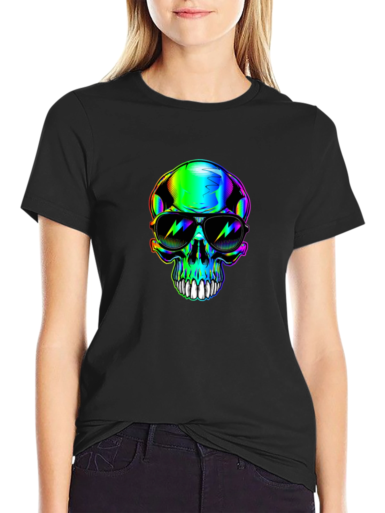 Black Rainbow Skull Sunglasses Graphic Black T-Shirt view 2