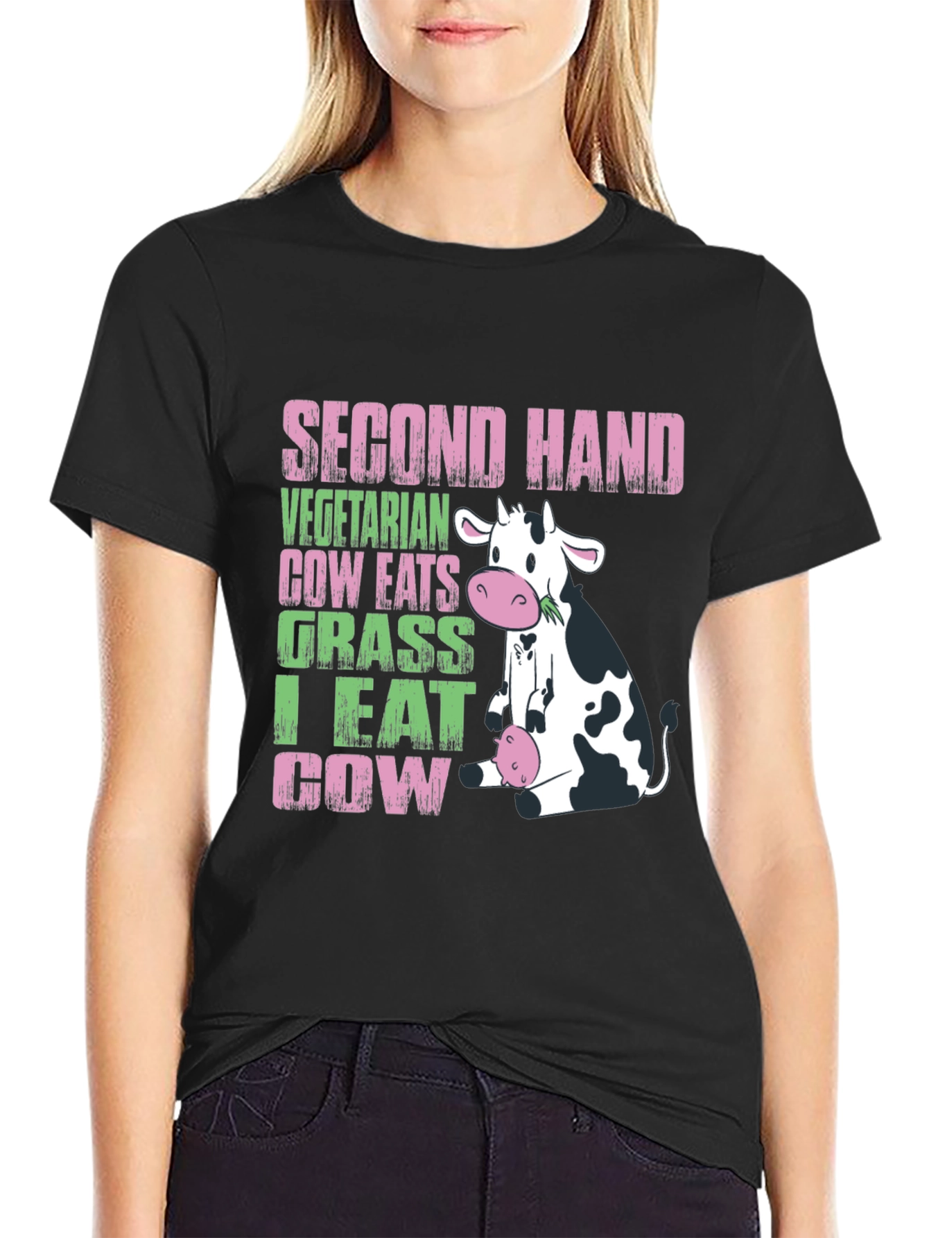 Black Second Hand Cow T-Shirt - Vegetarian & Meat Eater Humor view 2