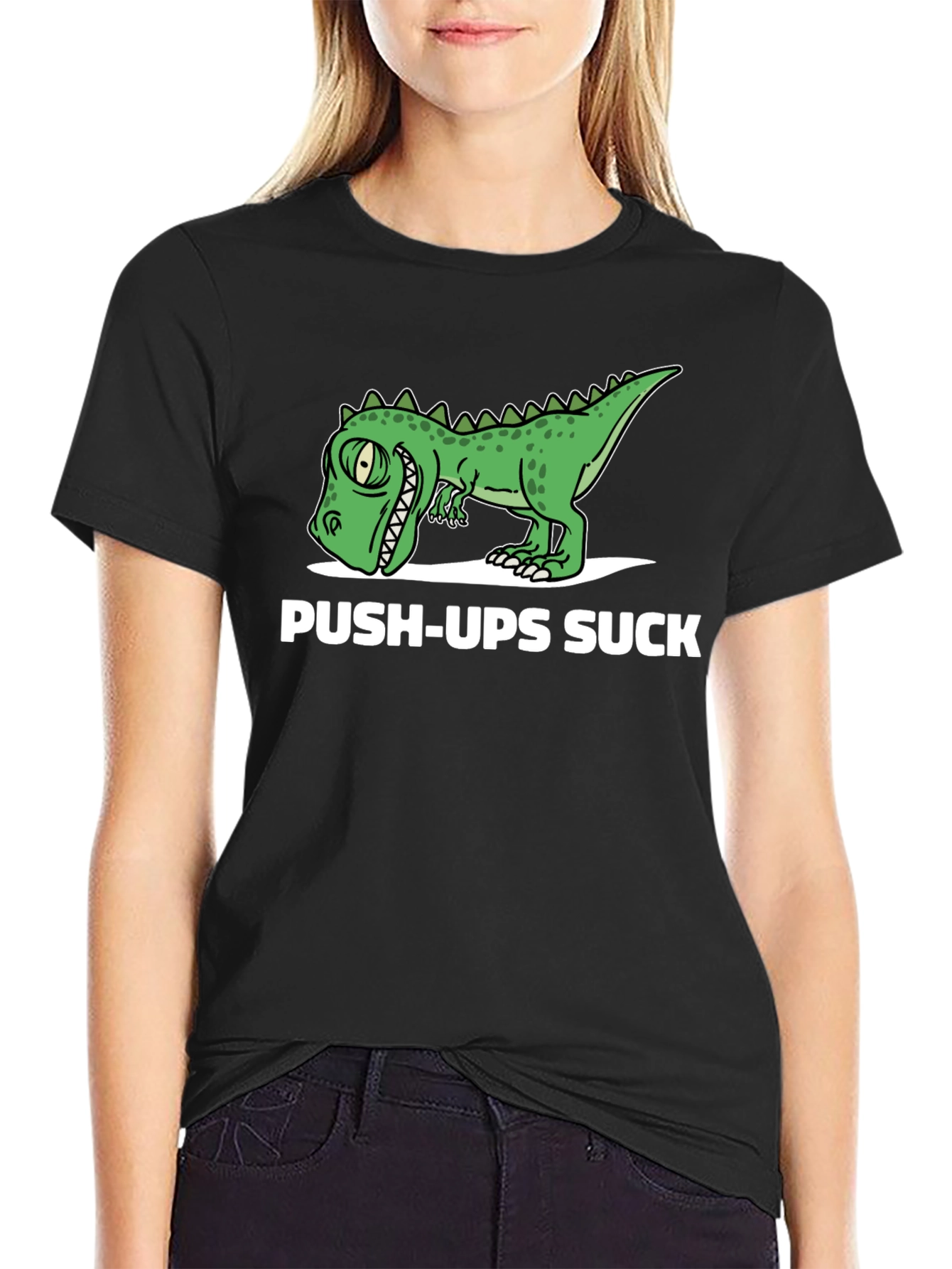 Black Funny Dinosaur Push-Ups Suck Graphic T-Shirt view 2