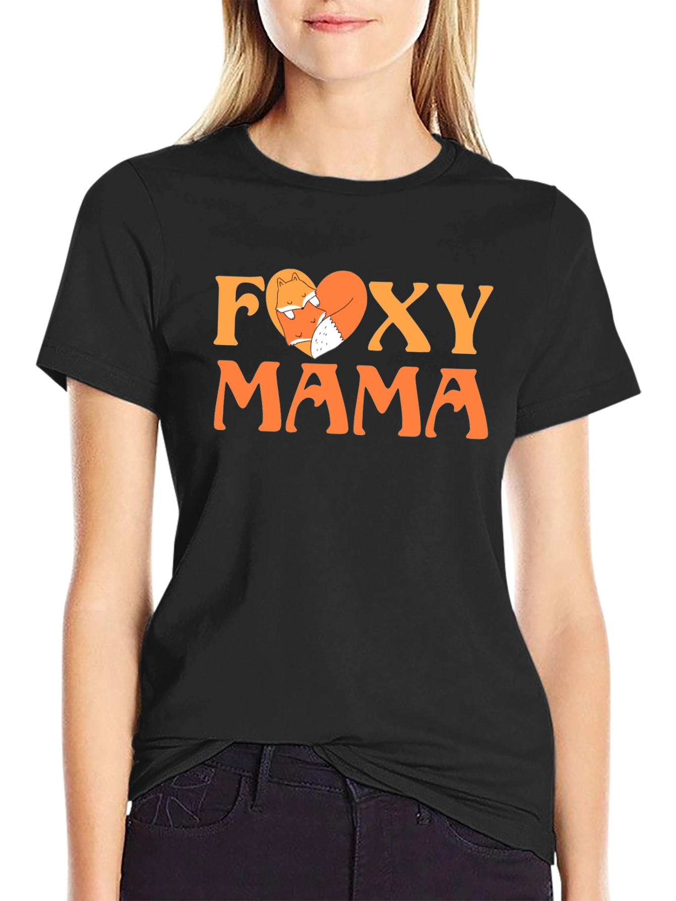 Black Foxy Mama Graphic Tee - Cute Fox Heart T-Shirt view 2
