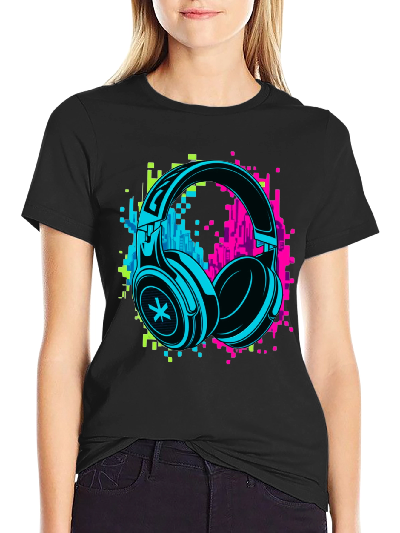 Black Neon Headphones Graphic Black T-Shirt view 2